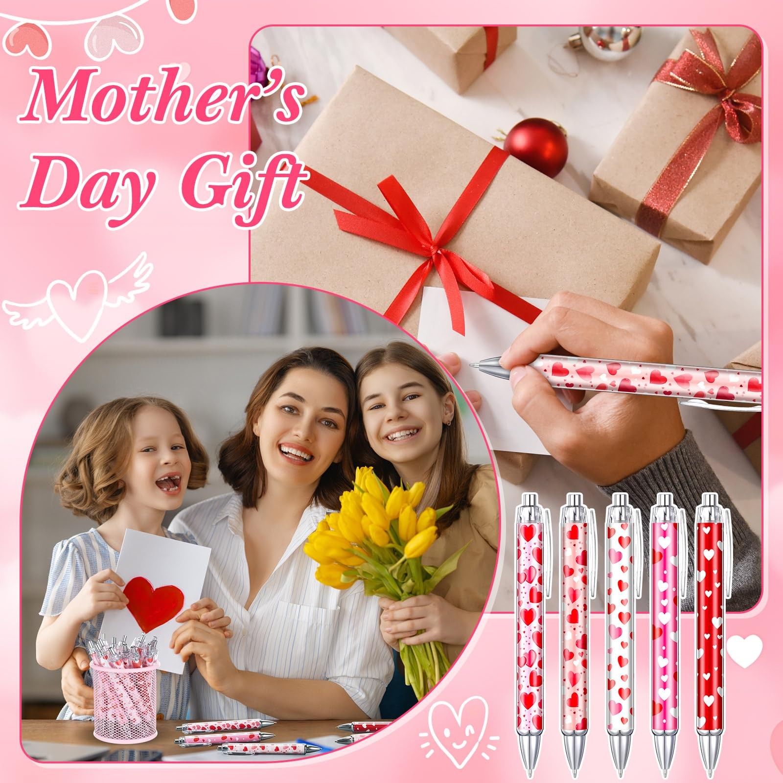 50 Pcs Valentine’s Day Pens Bulk Retractable Ballpoint Pens Black Ink Cute Heart
