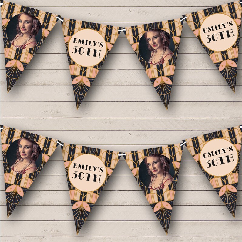 Pink Black Gatsby 20’s Art Deco Vintage Birthday Photo Personalised Bunting