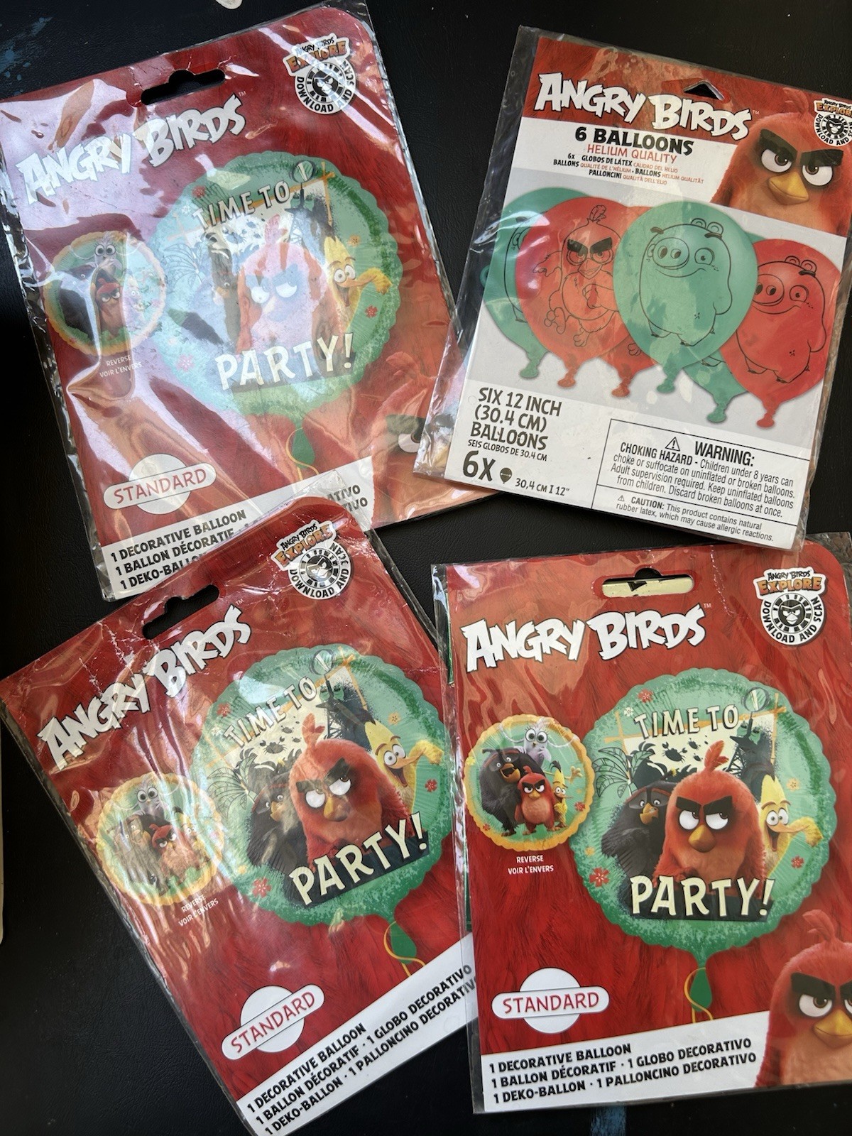4 Packs Angry Birds Party Balloons. Birthday. 3 Foil And A Pack Of 6 Regular
