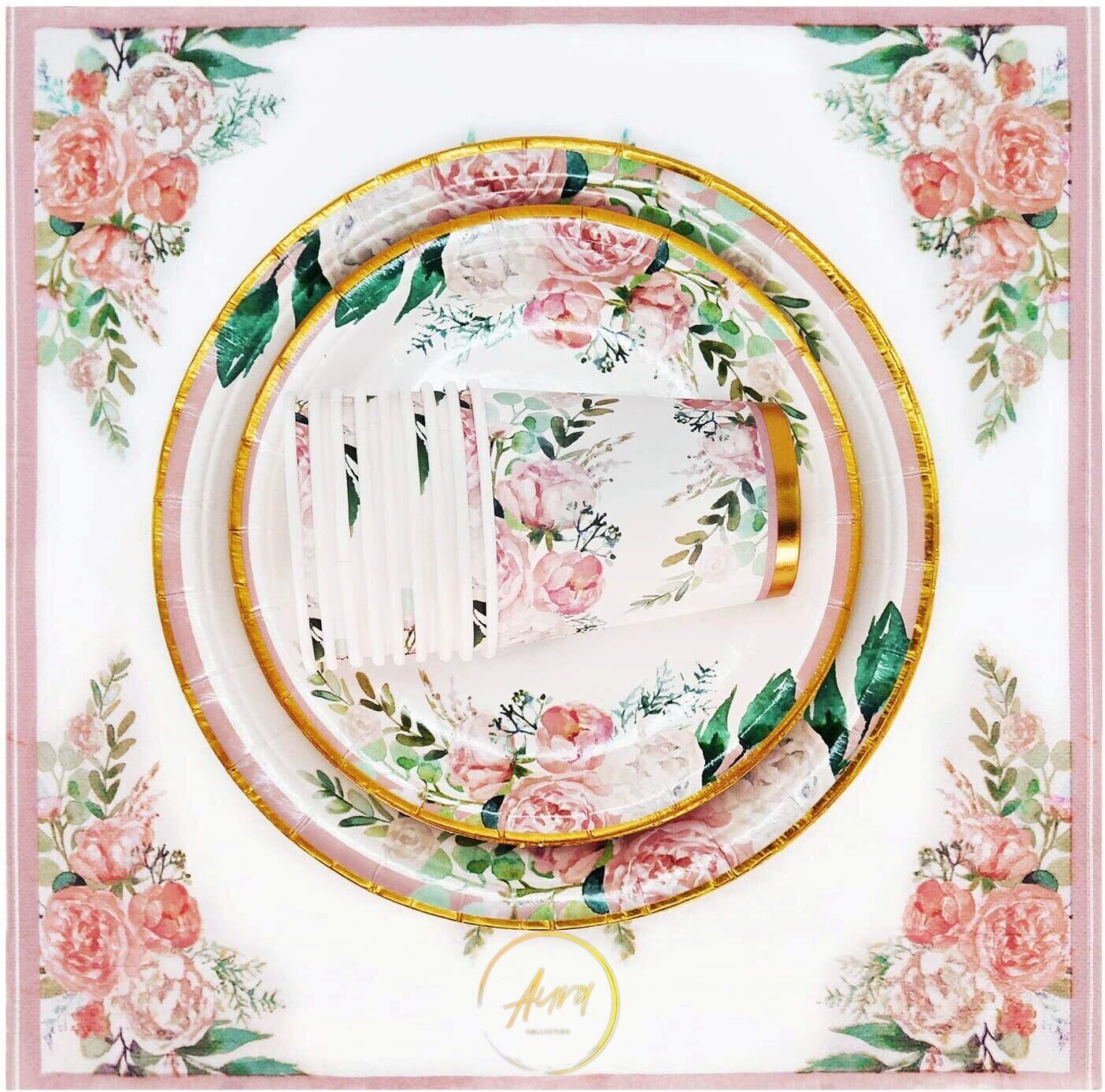 Disposable Floral Party Supplies Pink Plate Cups All Occasions 25 Serves 125 Pcs