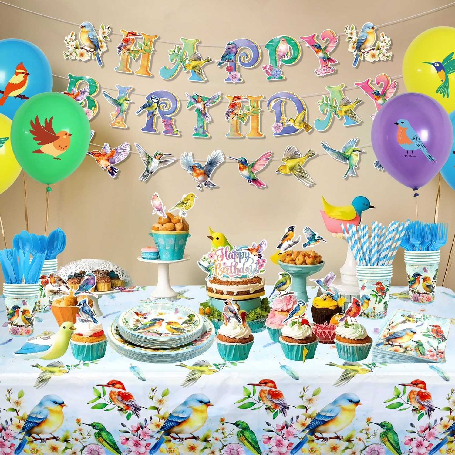 Bird Theme Party Supplies Set – Birthday Banners, Plates, Cups, Tablecloth & Bal
