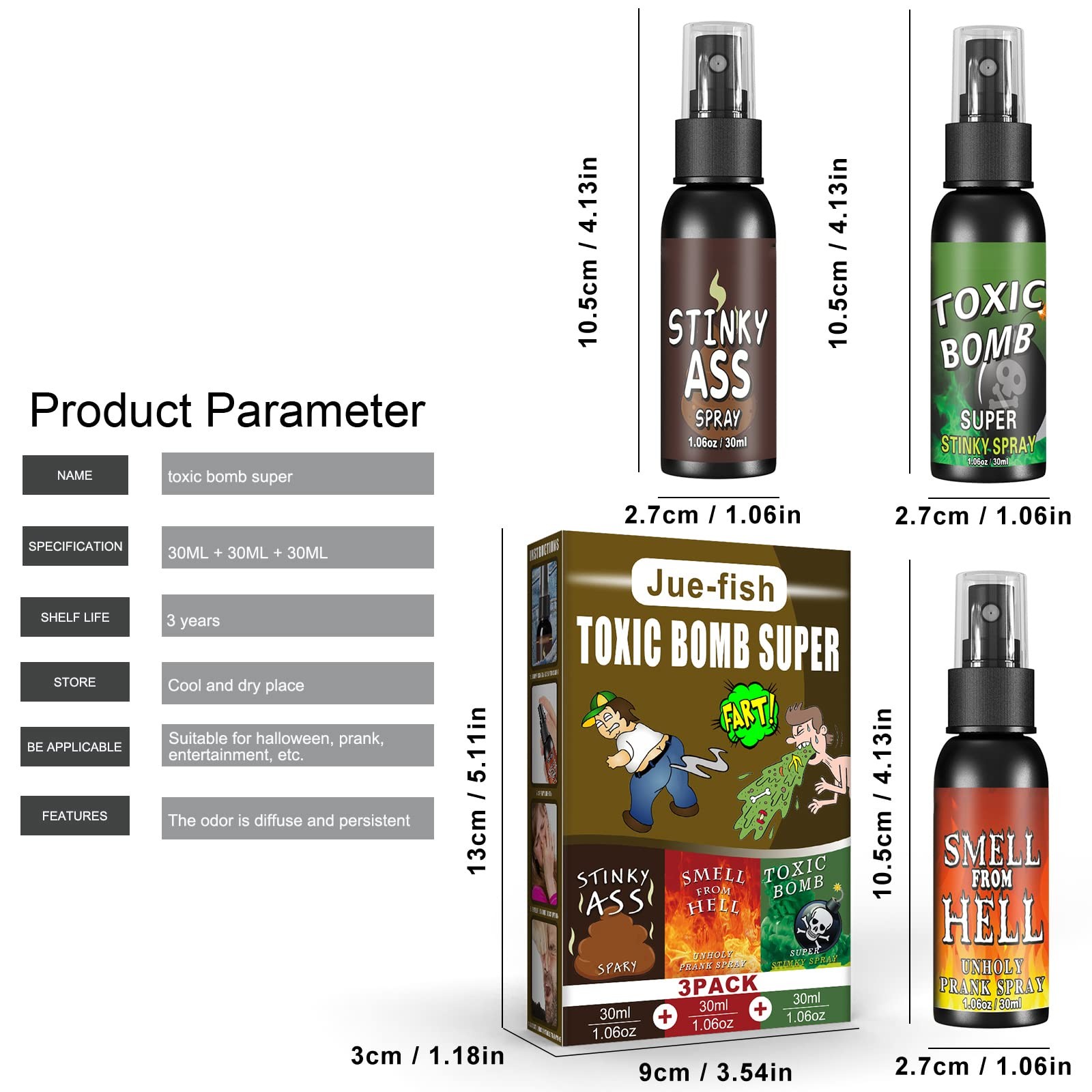 A AIFAMY 3P Fart Spray Extra Strong 30ml Potent Stink 3P, Ass+bomb+hell
