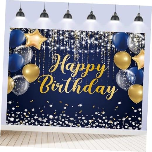 Happy Birthday Backdrop for Men Boys Navy and Gold Happy Birthday 7x5ft Blue
