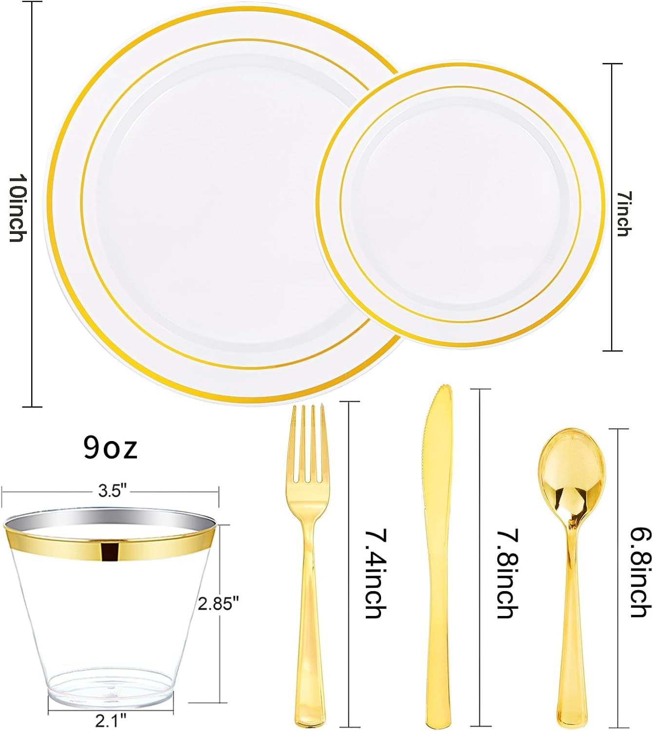 300PCS Gold Disposable Dinnerware Set – White and Gold Plastic