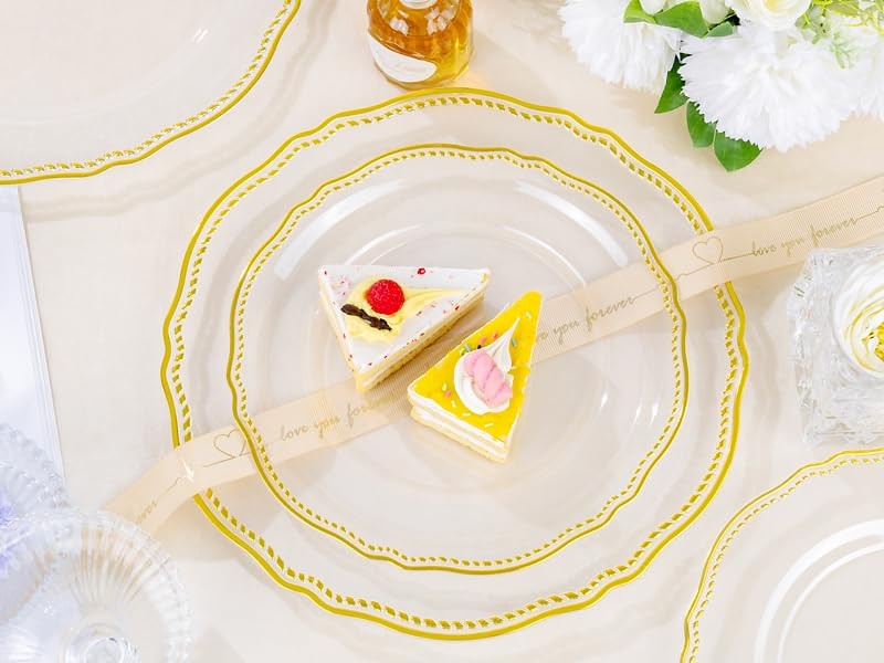 60pcs Clear Plastic Plates Clear and Gold Disposable Dinnerware with Gold Ri…