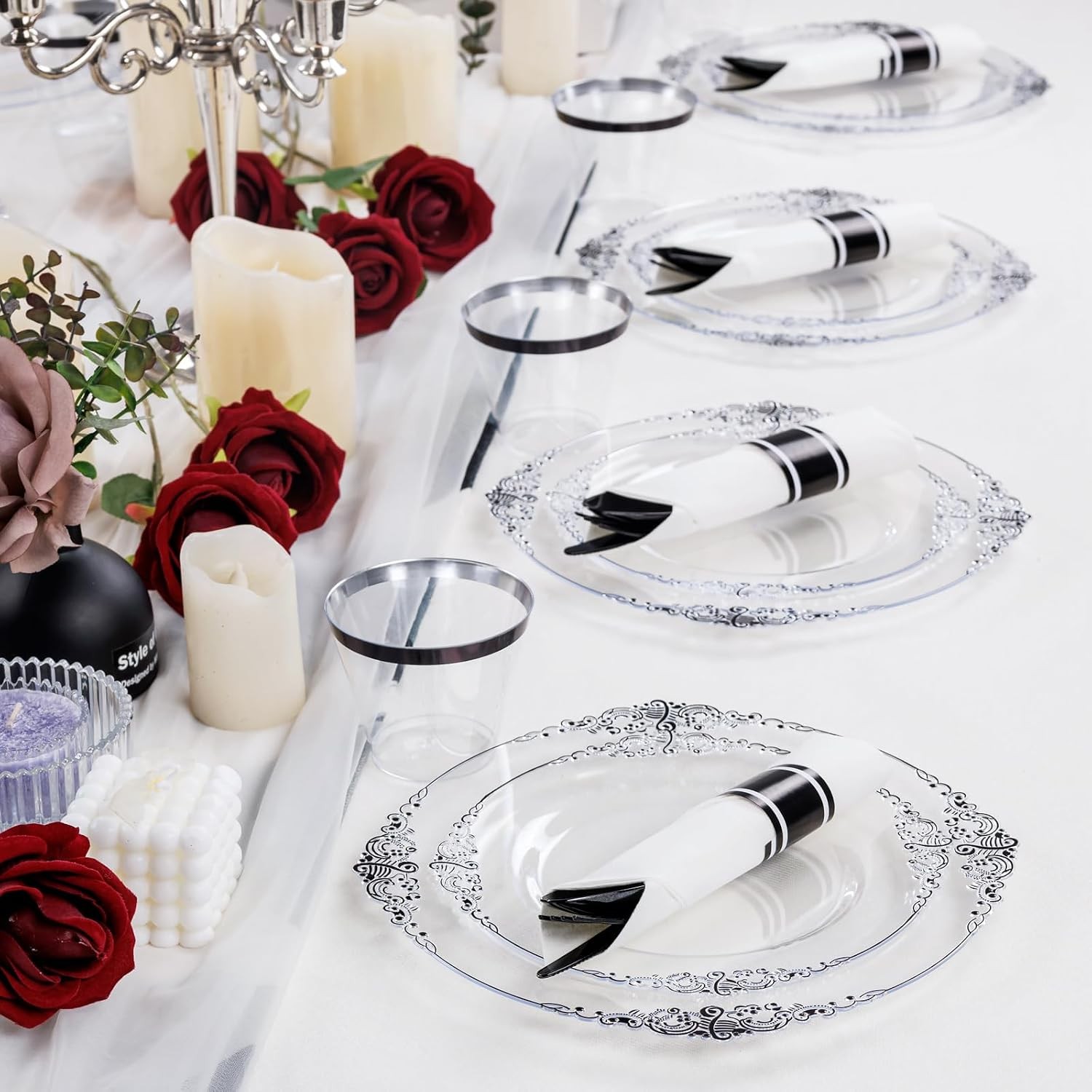 175pcs Clear and Black Plates – Black Party Plates for 25 Guest