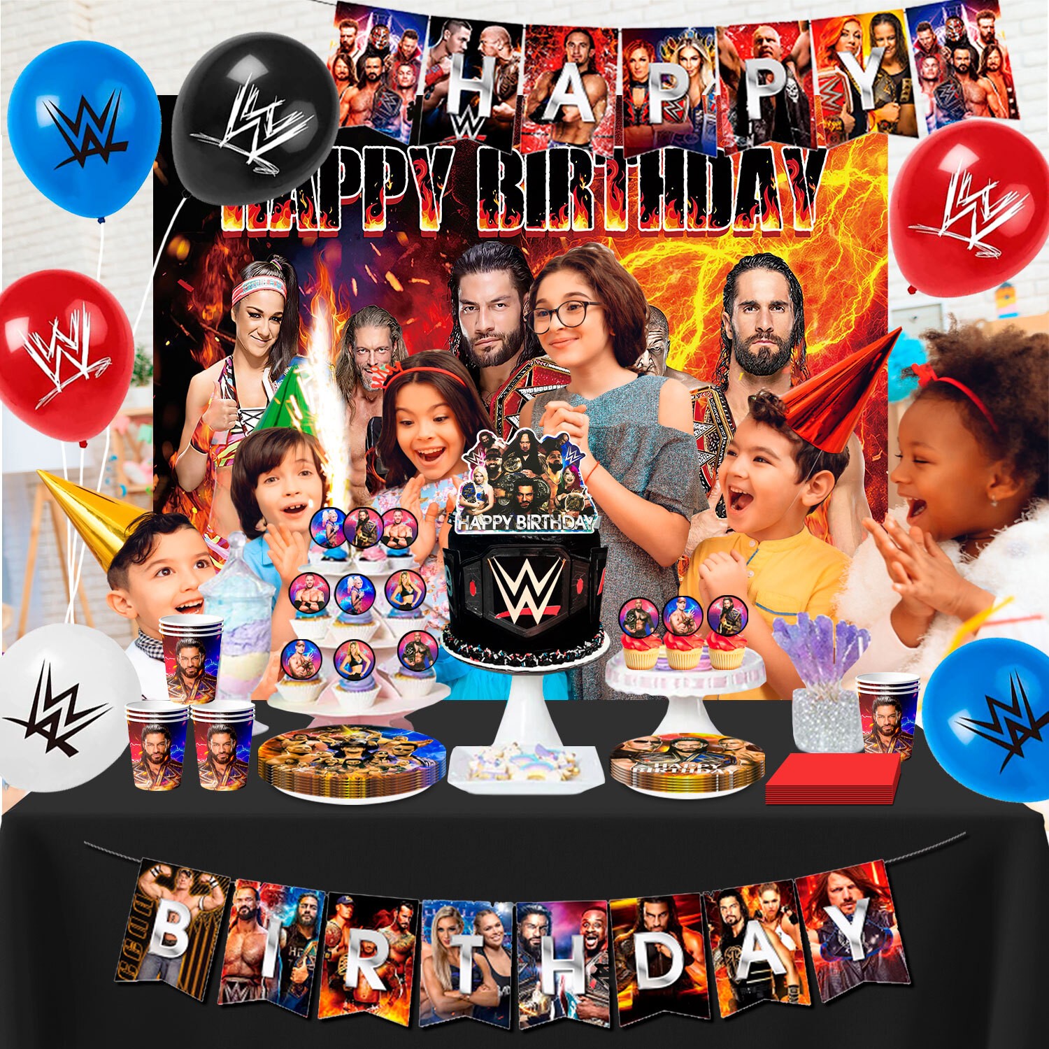114Pcs Wrestling Match Birthday Decorations WWE Party Set Tableware Balloons Cup