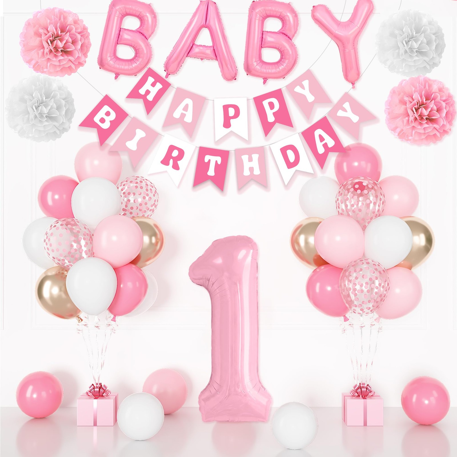 1st Birthday Decorations for Girls, 40 Inch Number 1 Balloon Pastel White Pink