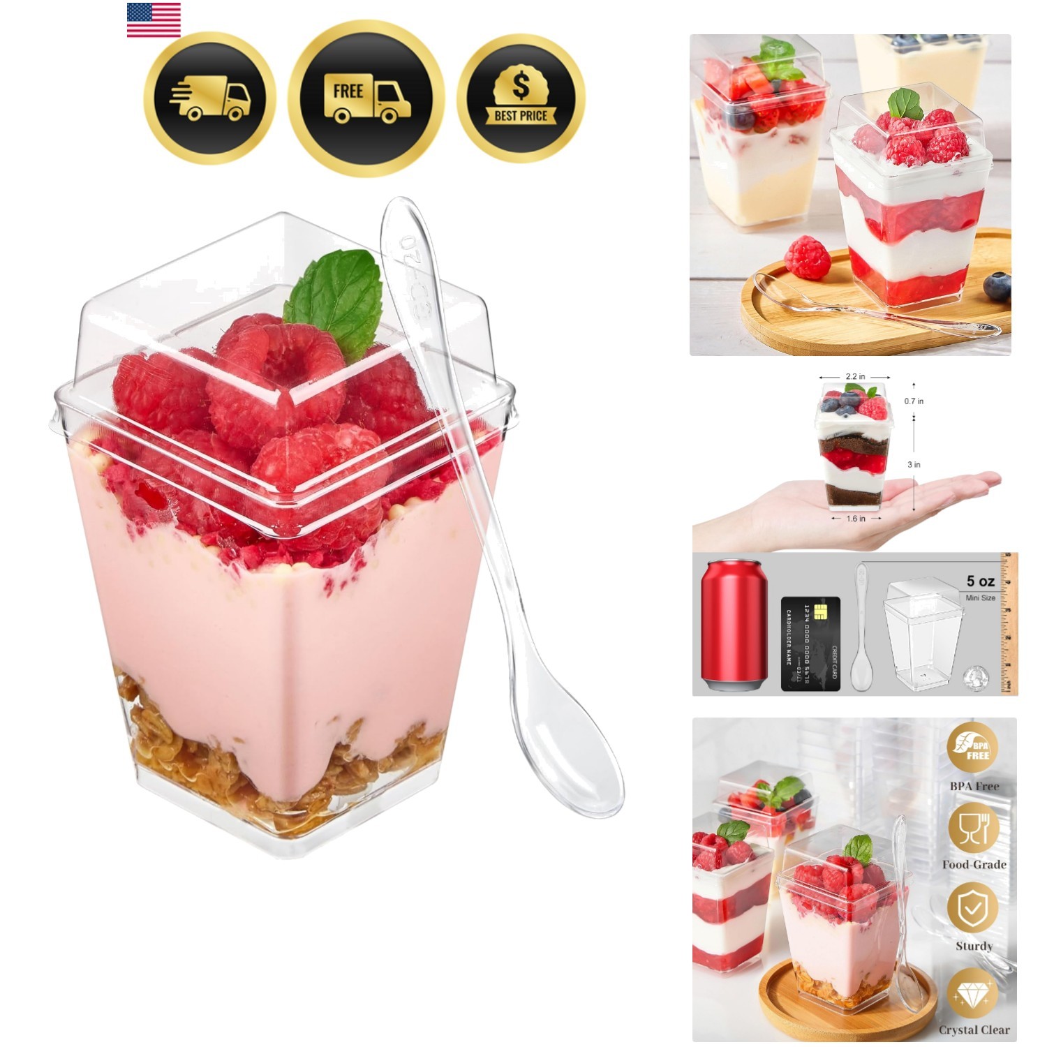 50 Pack 5 oz Plastic Dessert Cups with High Lids for Party, Mini Dessert Cups…