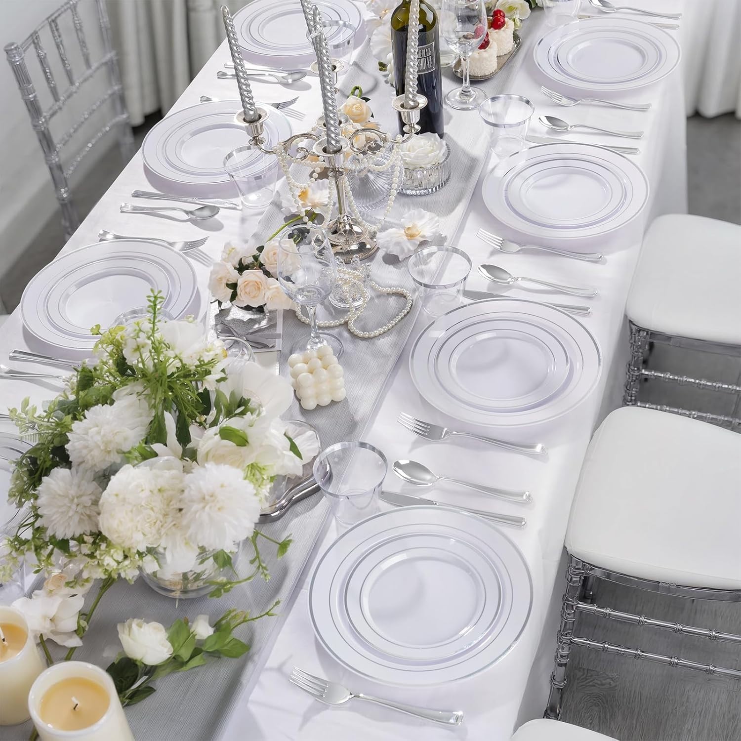600 PCS Silver Disposable Dinnerware Set for 100 Guests Wedding Plates & Tablewa