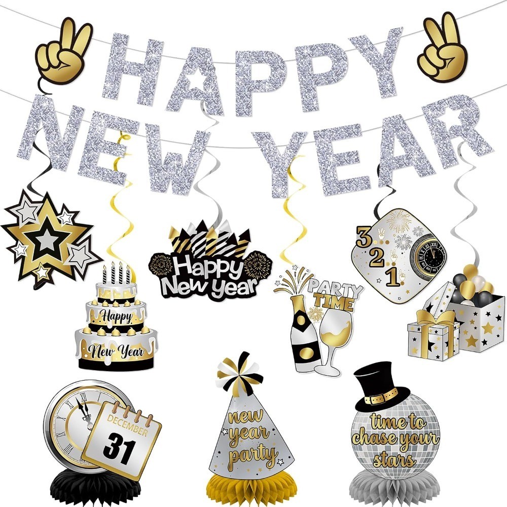 Happy New Year Banner Silver: Glitter New Years Eve Party Supplies 2026 Happy