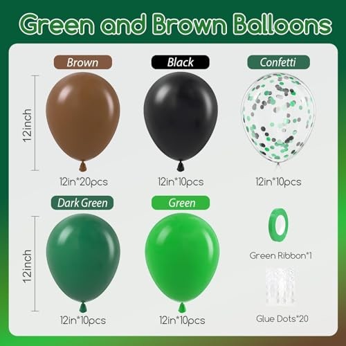 60pcs Green and Brown Balloons 12inch with Brown Black Dark Green Brown Black