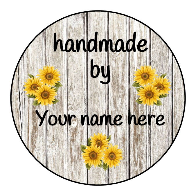 Personalized “Handmade by” labels, stickers, tags with wood and sunflowers