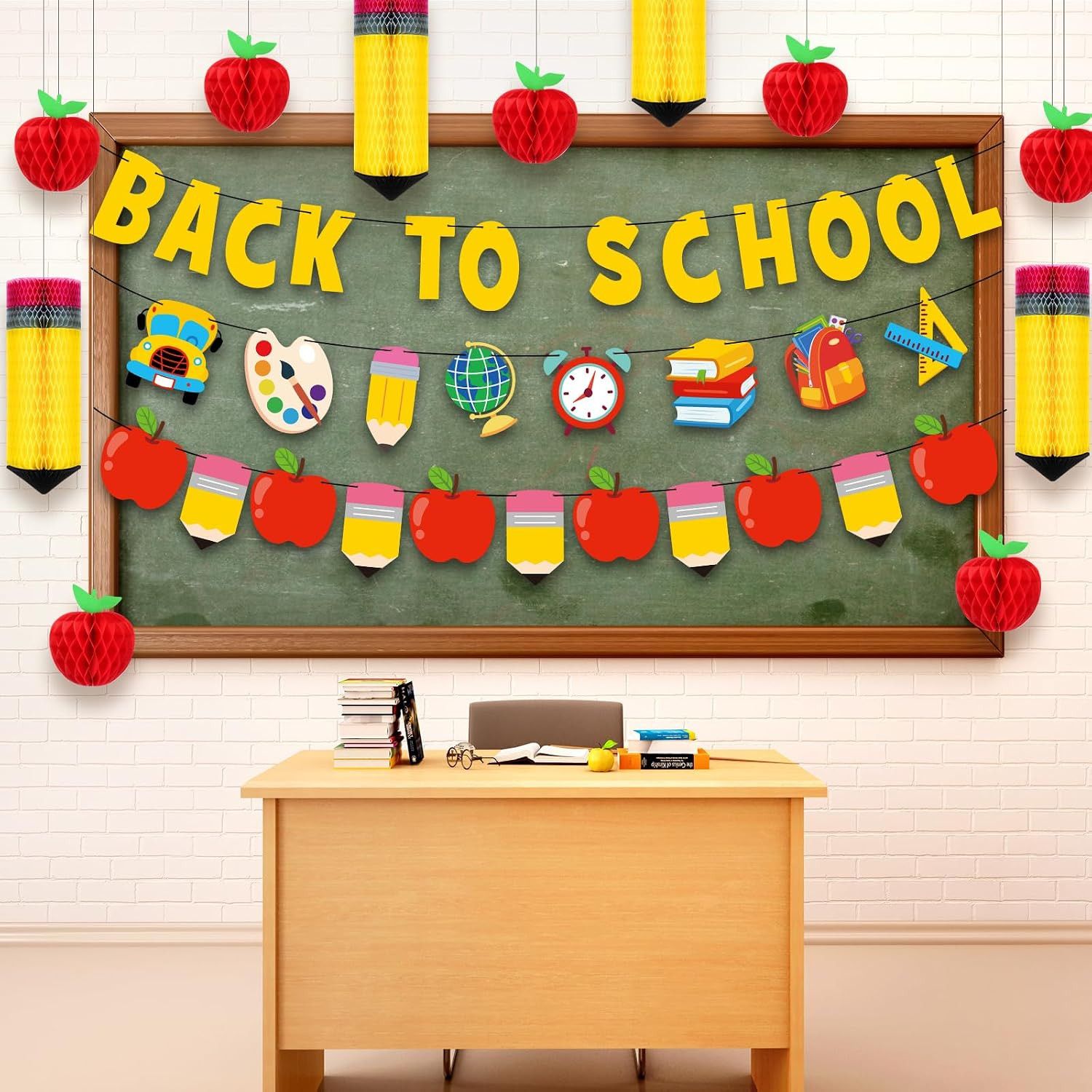 43 Pcs Back to School Decorations Pencil Apple Hanging Honeycomb Centerpiece Dec