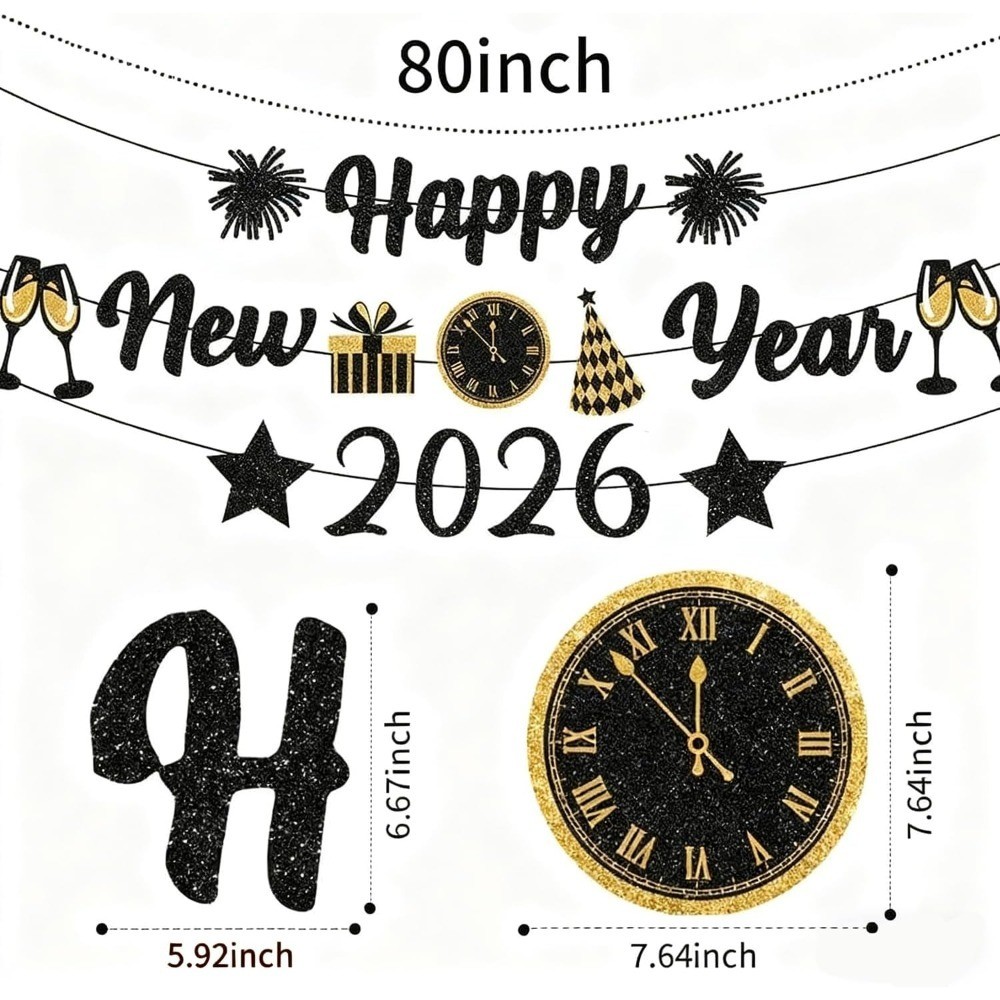 Black Gold New Years Decorations 2026 Glitter Happy New Year Banner New Years