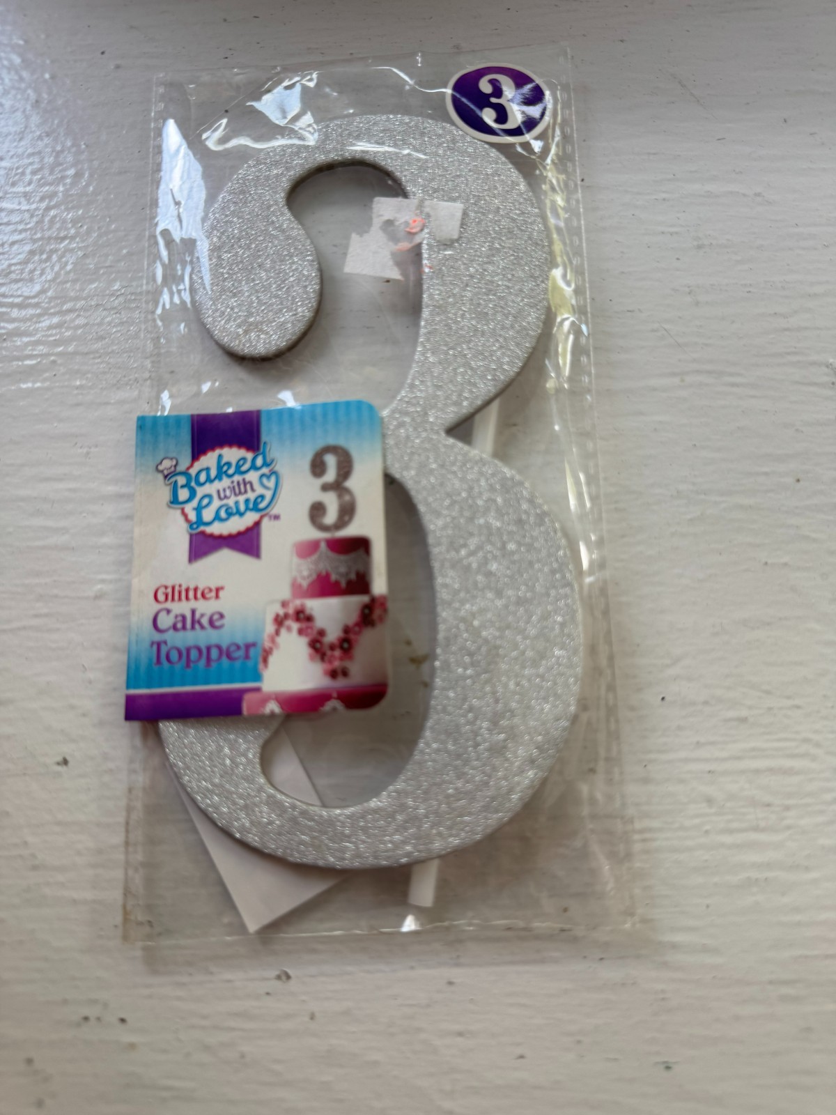Cake Topper #3 Baked With Love Silver Glitter for any Occasion