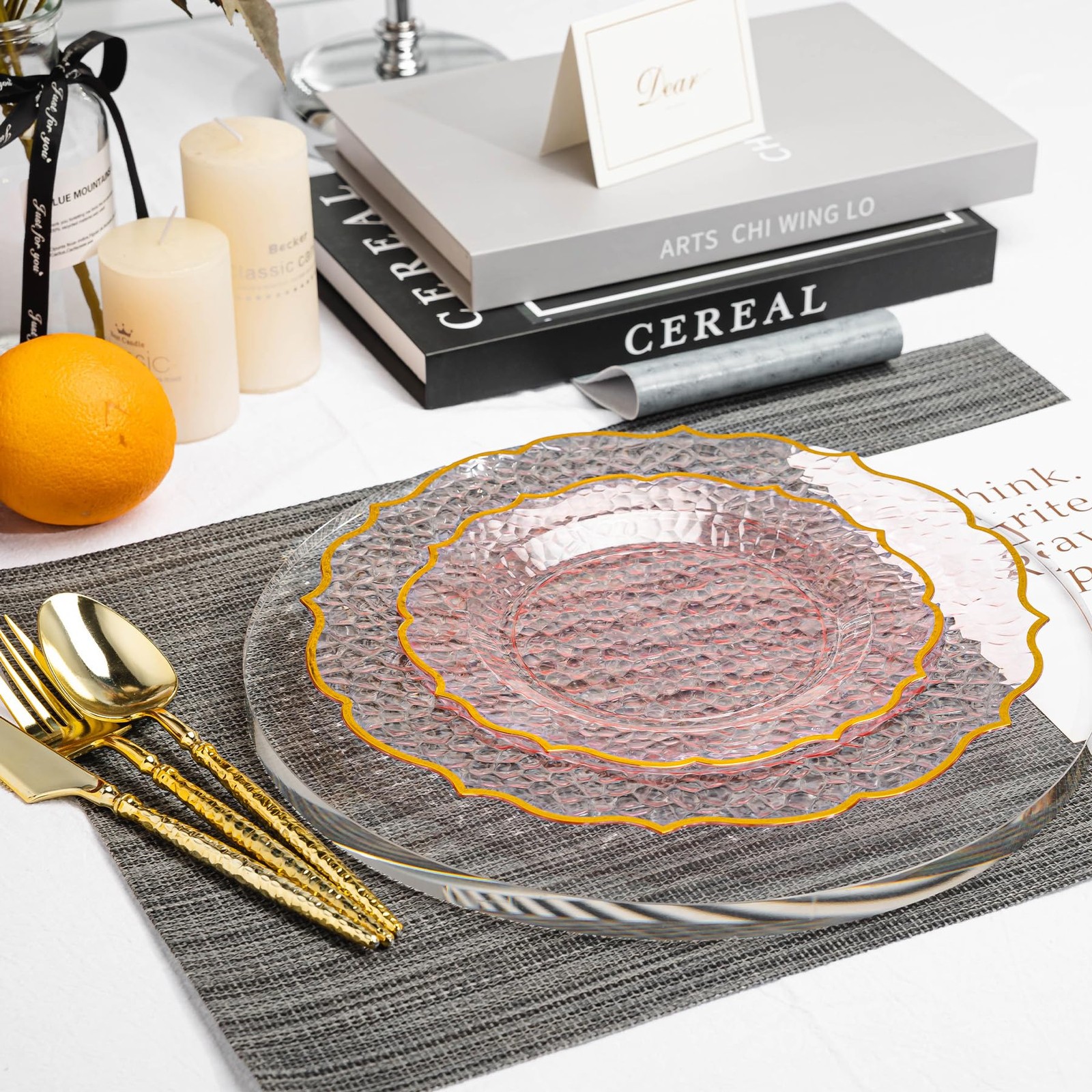 N9R 120 Clear and Pink Plastic Plates with Gold Rim, Stone Texture, Include 1…