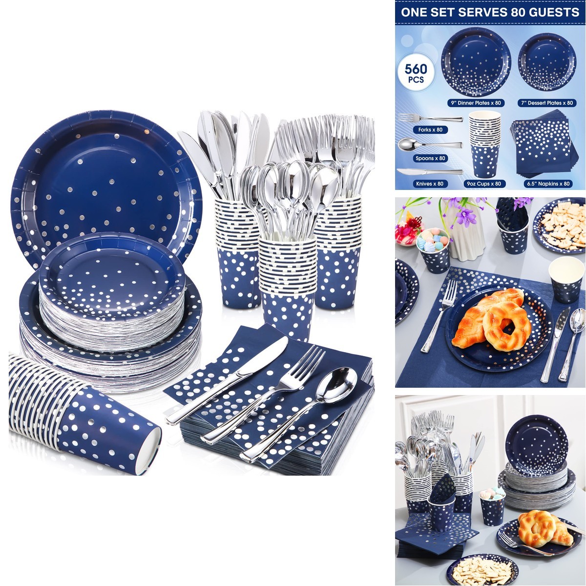 Sieral 560 Pcs Navy Blue And Gold Party Supplies For 80 Guests Disposable