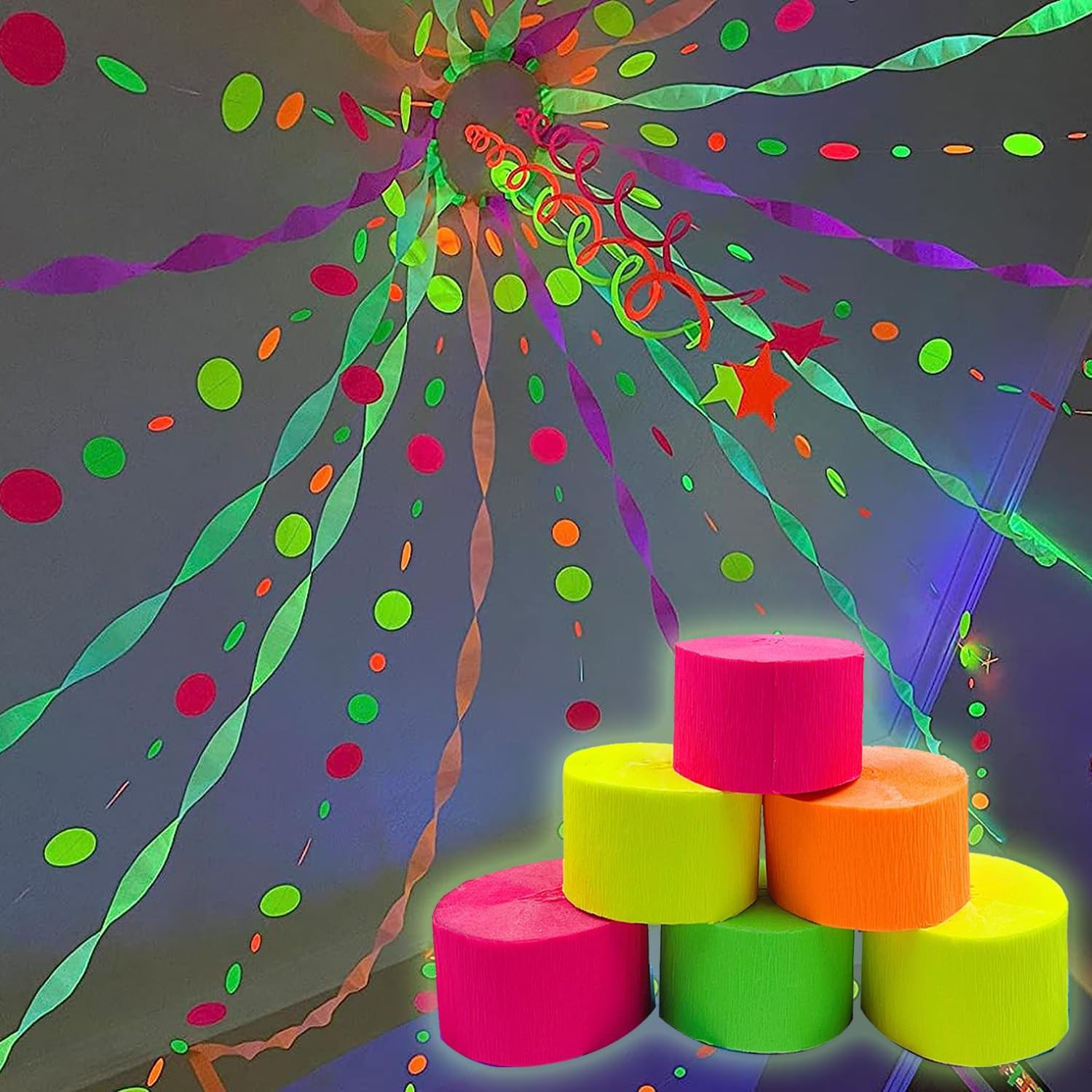 400 feet Glow Party Neon Streamer Decorations Glow Crepe Paper Streamers UV Reac