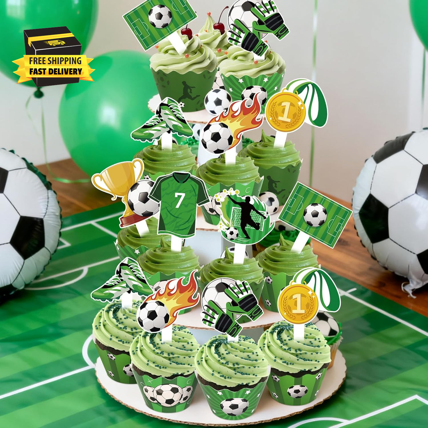 48 Pack Soccer Cupcake Toppers and Wrappers, Soccer Ball Party Cake Decoration f