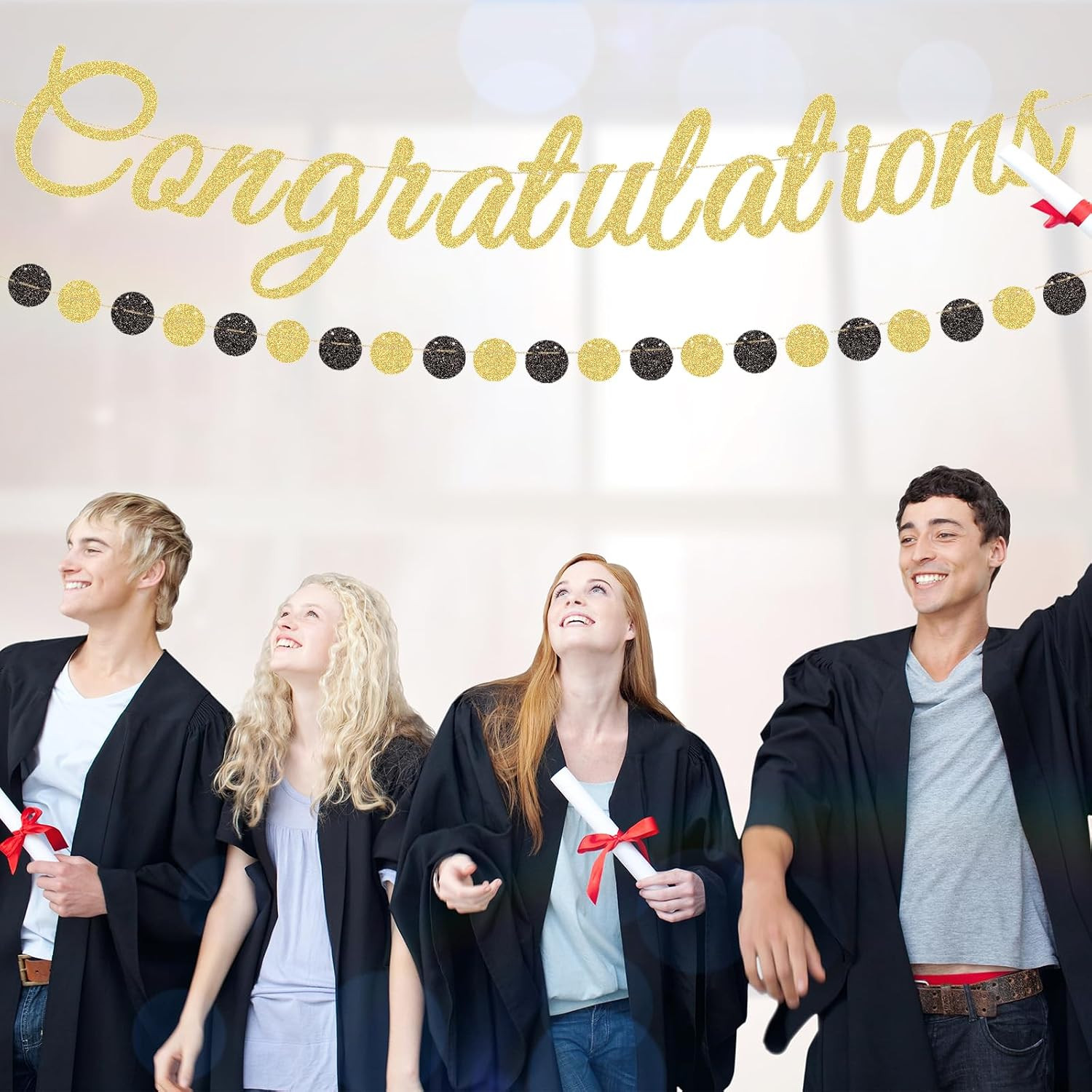 Gold Glitter Congratulations Banner with Black and Gold Circle Garland – Pre-Str