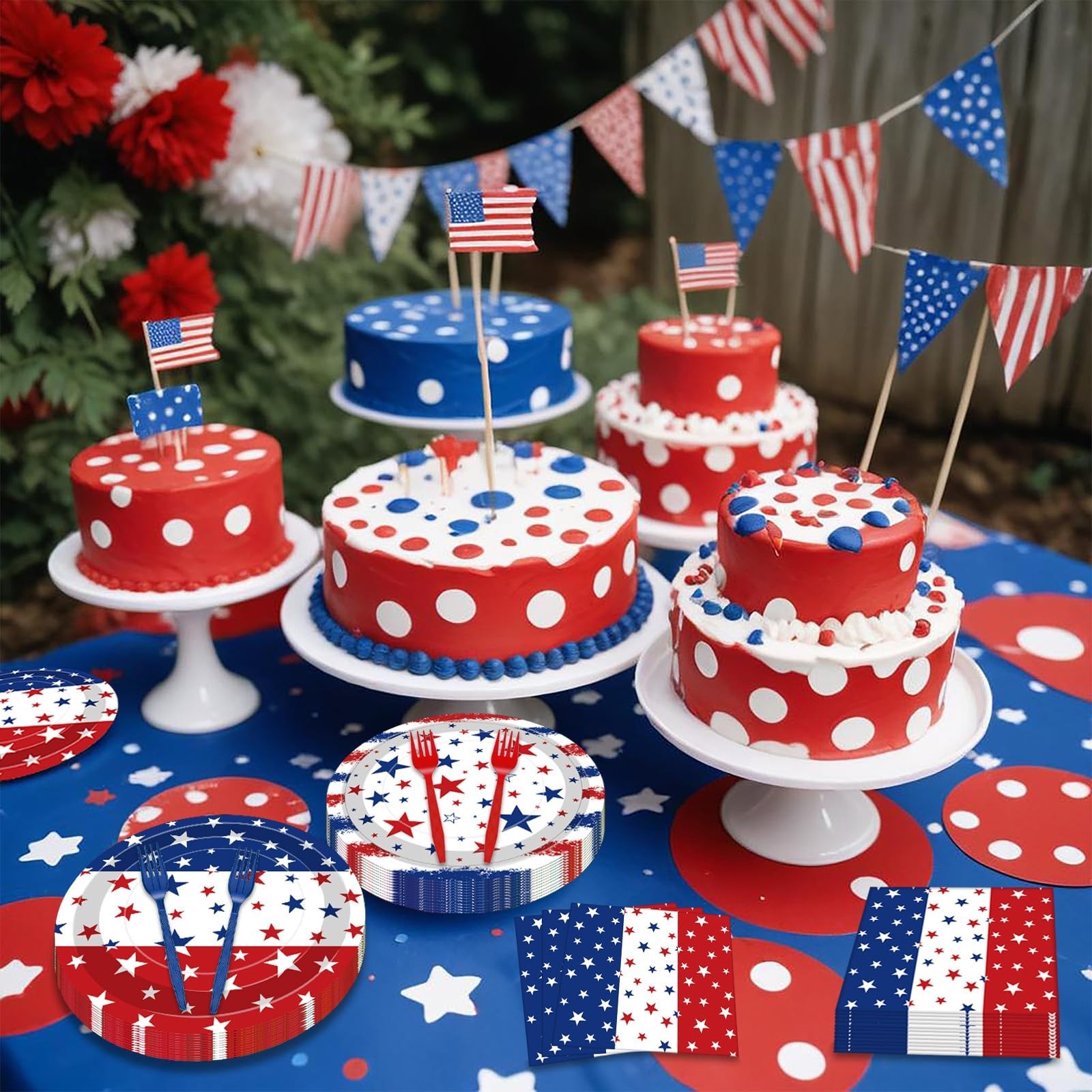 100 Pcs Patriotic Party Supplies Set – Red White Blue Star Plates, Napkins & For
