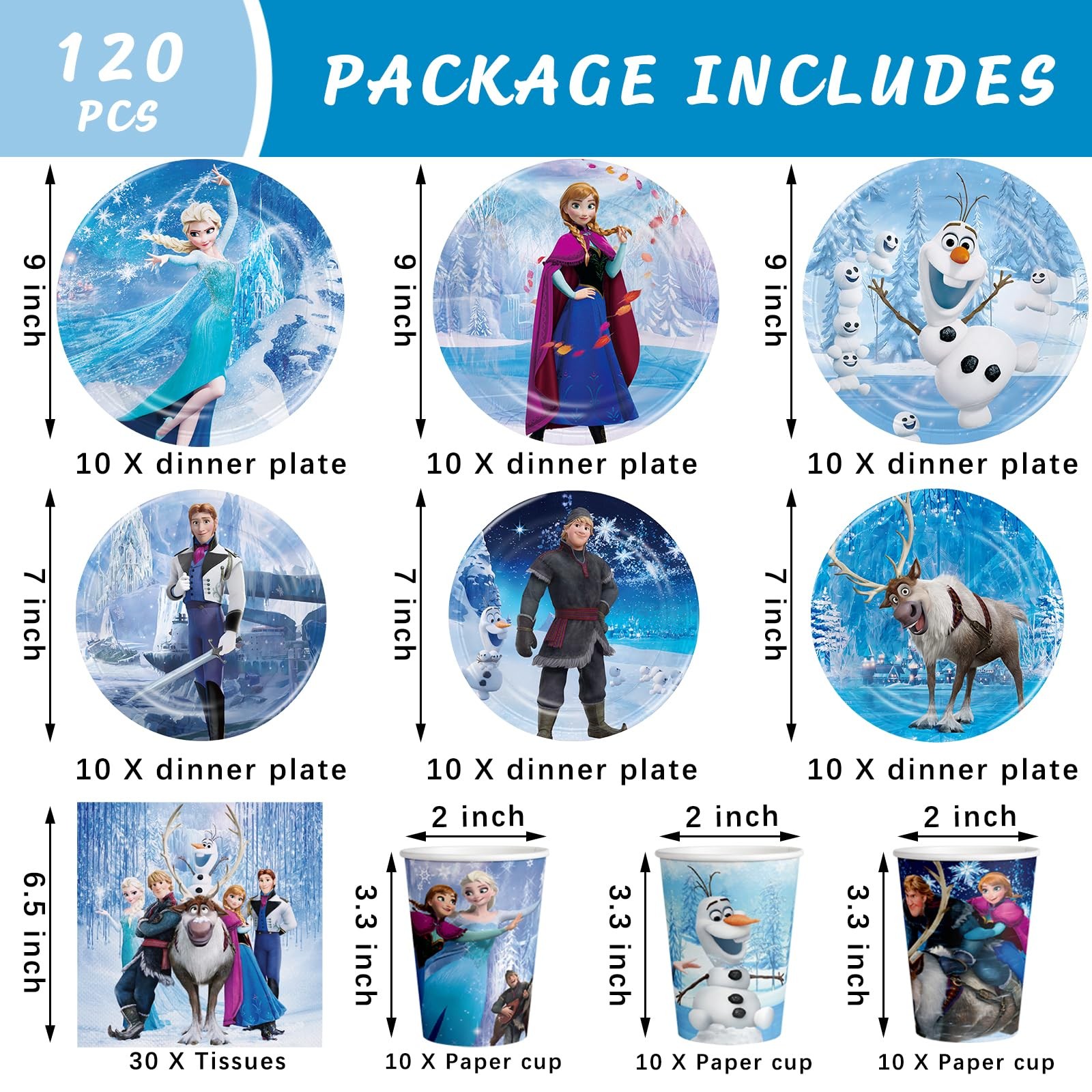 VAYNEIOJOY Frozen Birthday Party Supplies 120pcs Disposable Frozen Paper Plates