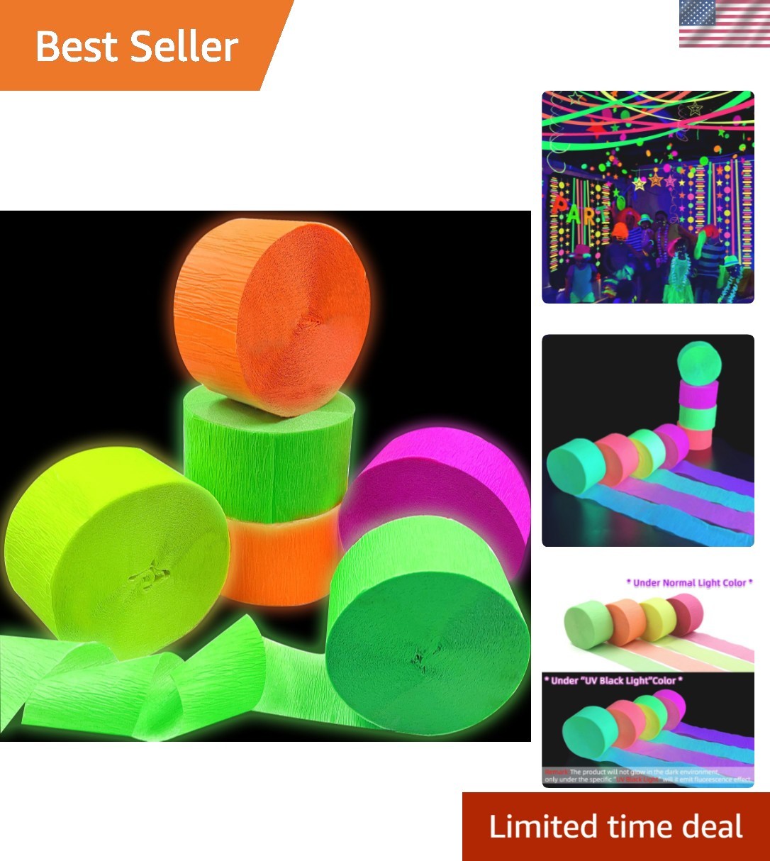 420feet Blacklight Party Streamer Decorations 4 Rolls Glow Crepe Paper UV Rea…