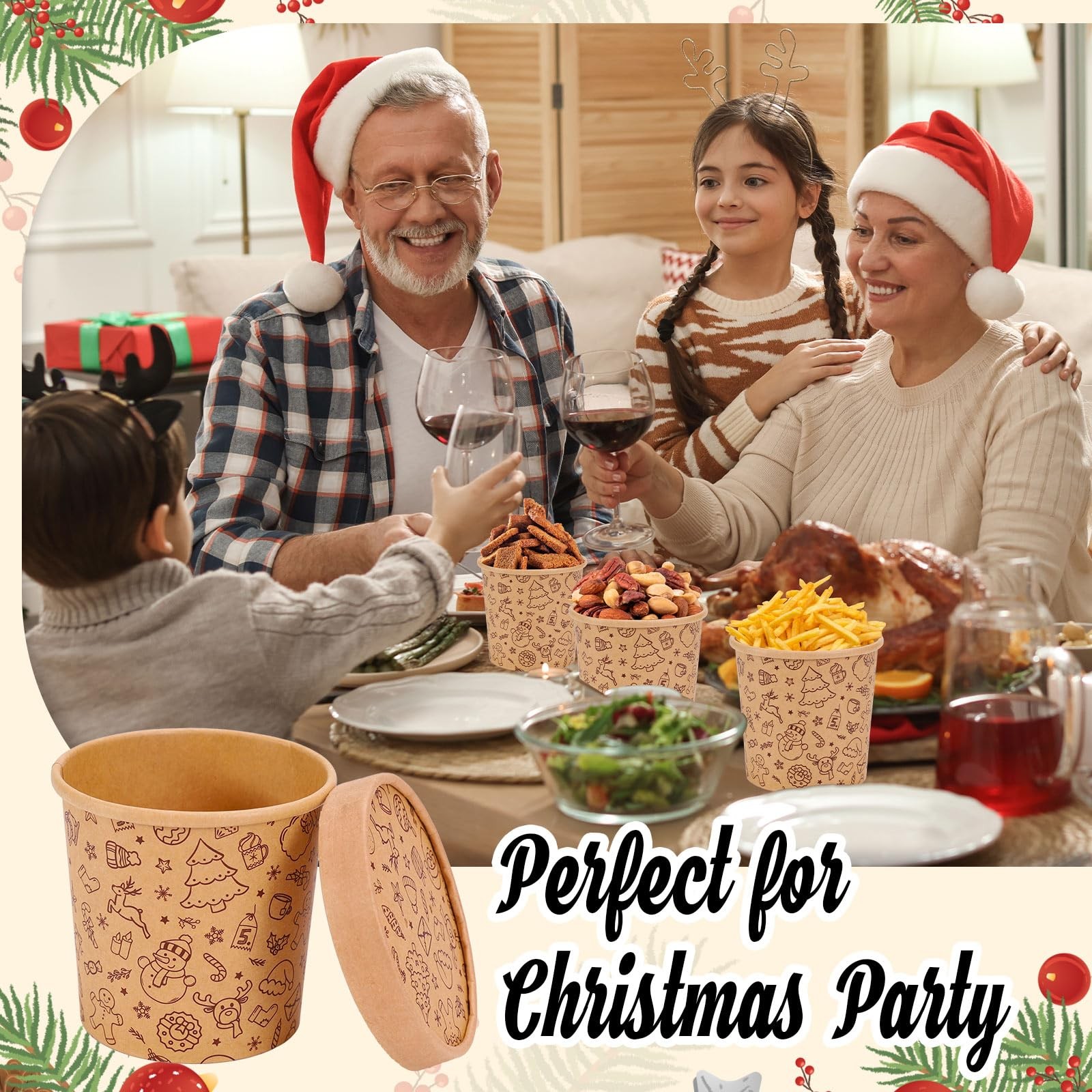 FYSUIMU 50Pcs Christmas Kraft Leftover Containers with Lids 12Oz Xmas Pattern Pa