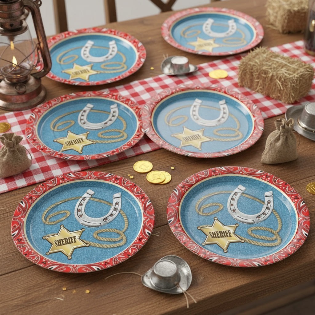 Western Cowboy Party Plates 8ct – Forum Novelties Way Out West Sheriff Horseshoe