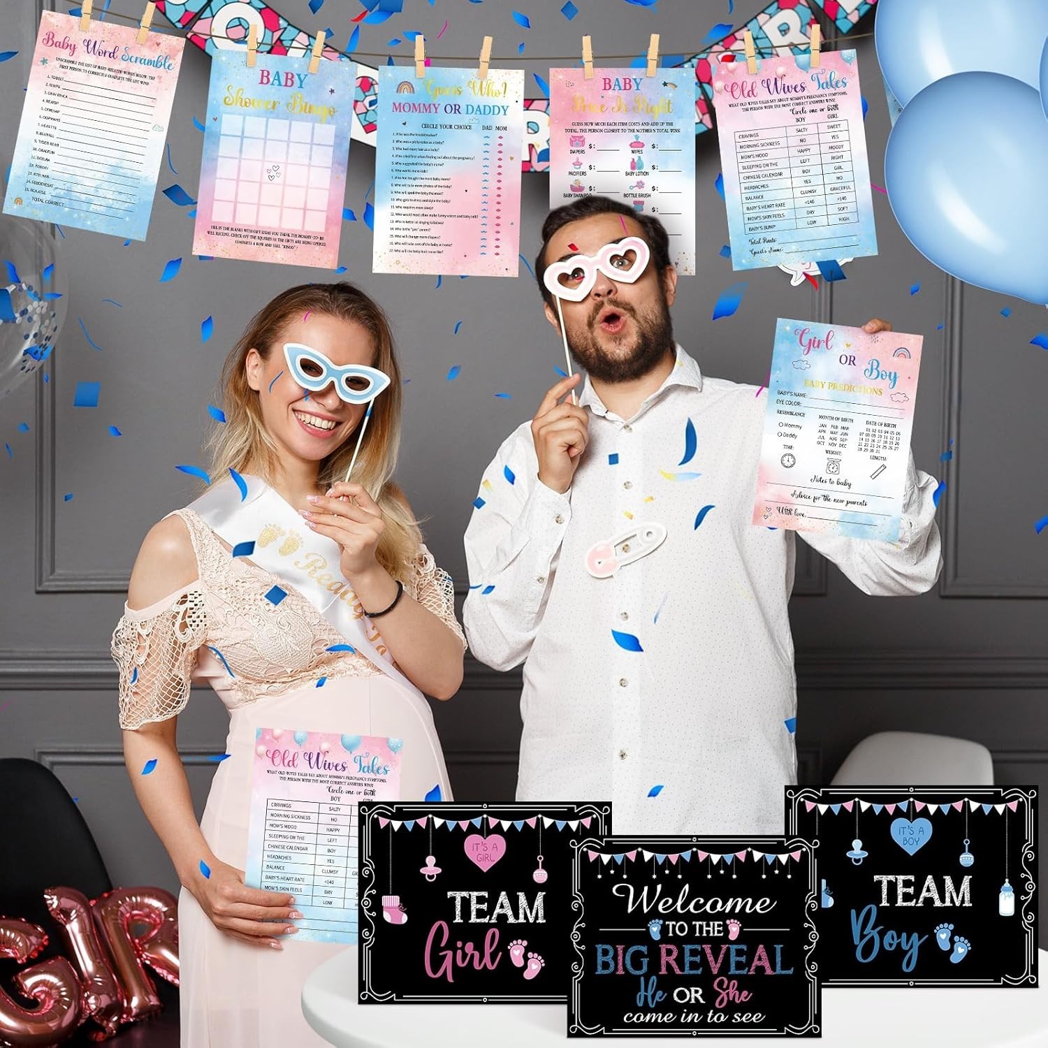 Baby Gender Reveal Party Supplies Kit, Photo Props Games Decorations,Boy or Girl