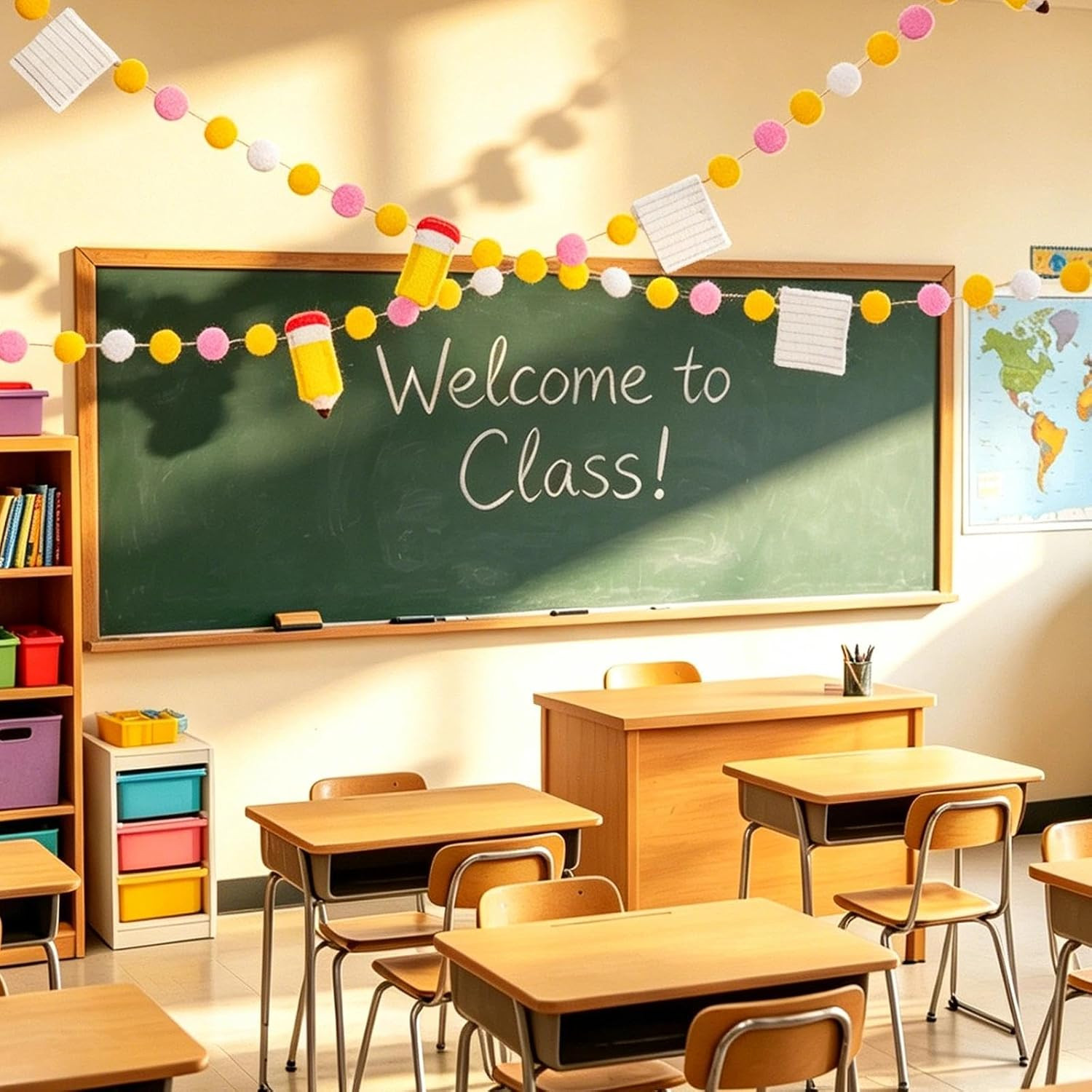 Back to School Felt Pom Banner, 7.8 Ft Pencil Pom Garland Classroom Decor | Doub