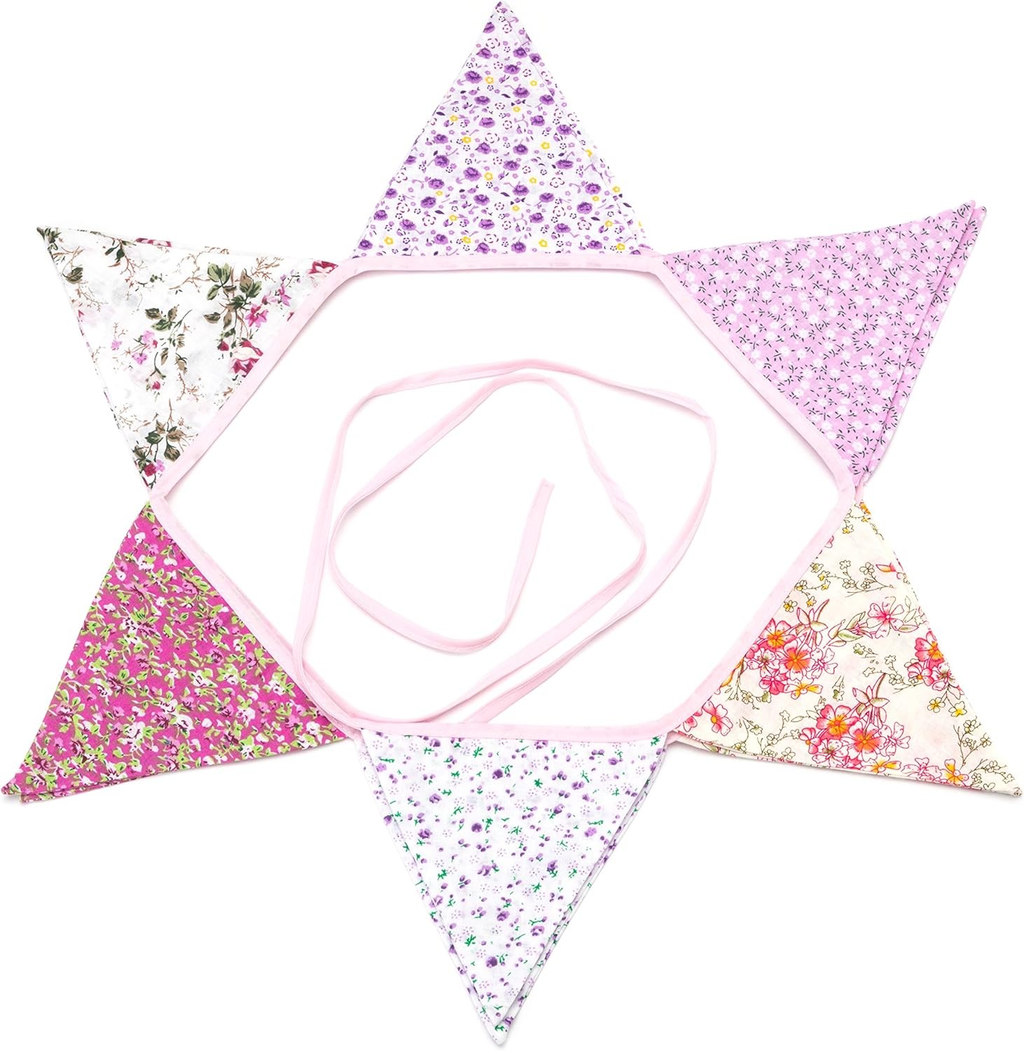 LOVENJOY Pink Floral 100% Cotton Bunting Banner for Girls 10.8 Feet, White