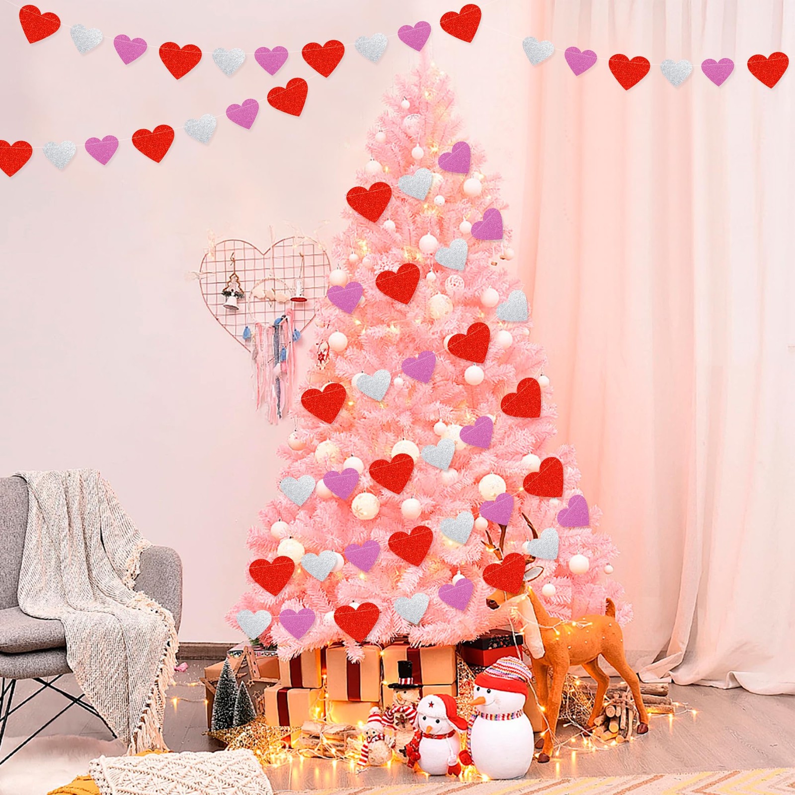 72 Hearts Garland Banner Valentines Decorations – Pre-Strung Red Pink Silver