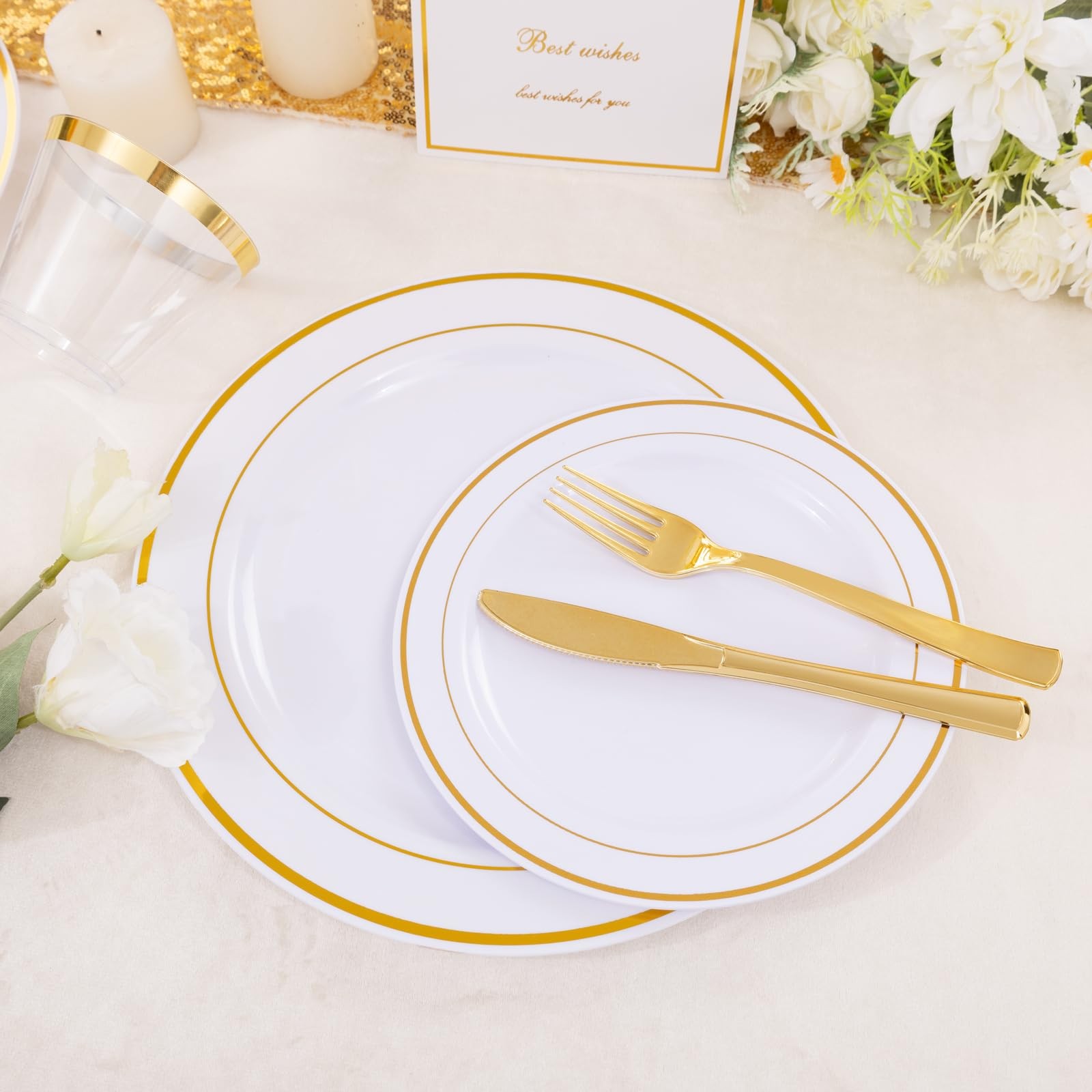 350PCS Gold Plastic Dinnerware Set for 50 Guests, Fancy Disposable Plates for…