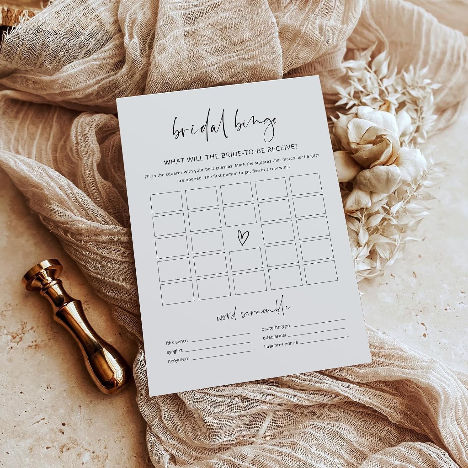 Bridal Shower Bingo, Bridal Shower Game for 50 Guests, 50 Cards, Minimalist