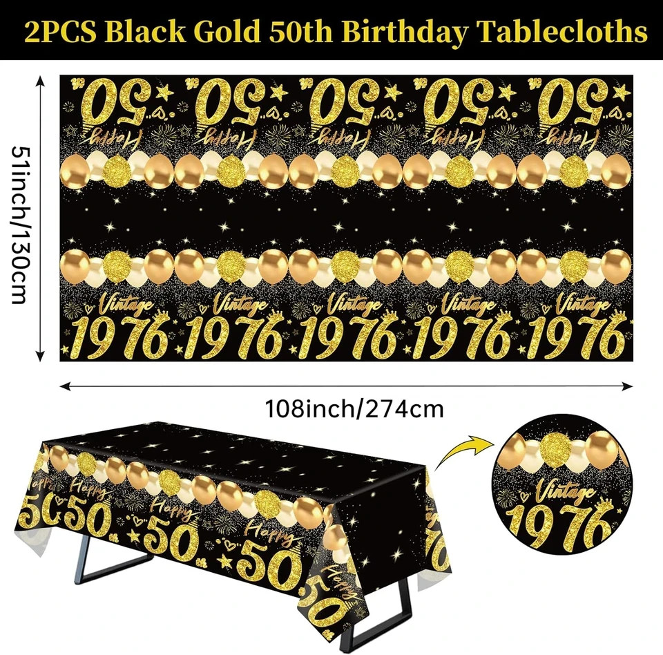 2Pcs 50Th Birthday Tablecloth, Black Gold 50Th Birthday Decorations for Men Wome