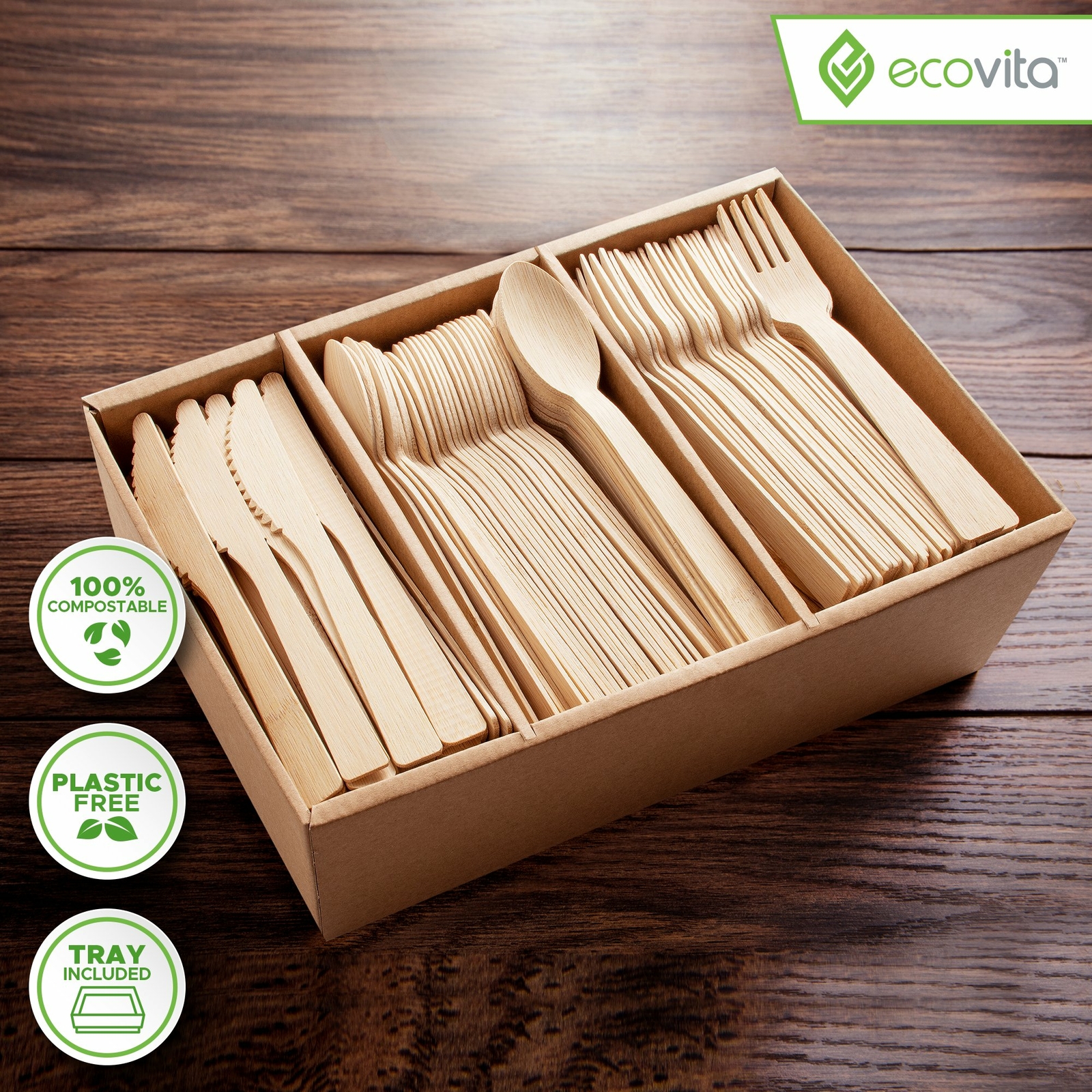 100% Bamboo Compostable Forks Spoons and Knives – 380 Piece Eco Cutlery Combo