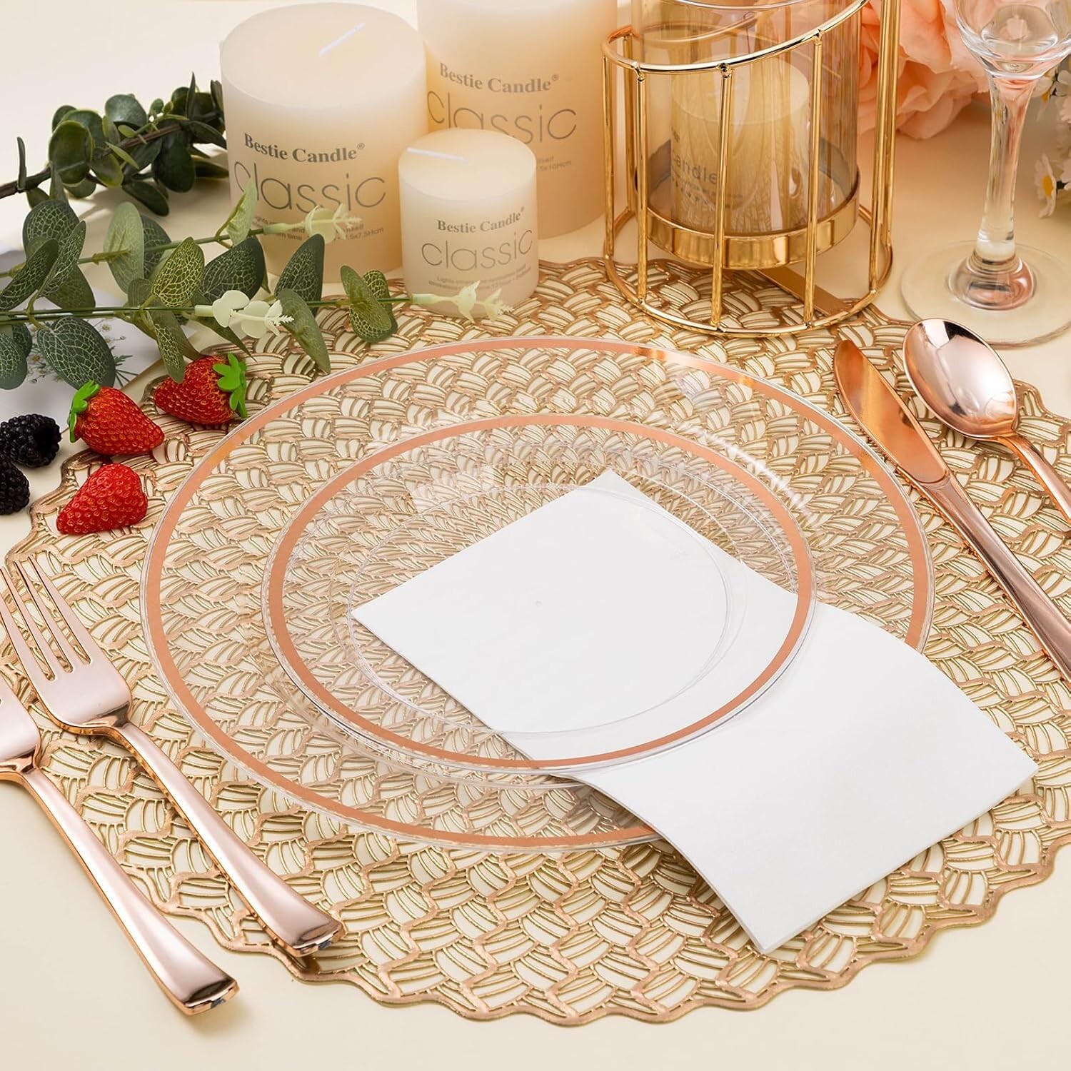 200PCS Rose Gold and Clear Plastic Plates, Rose Gold Disposable Plate Set wit…