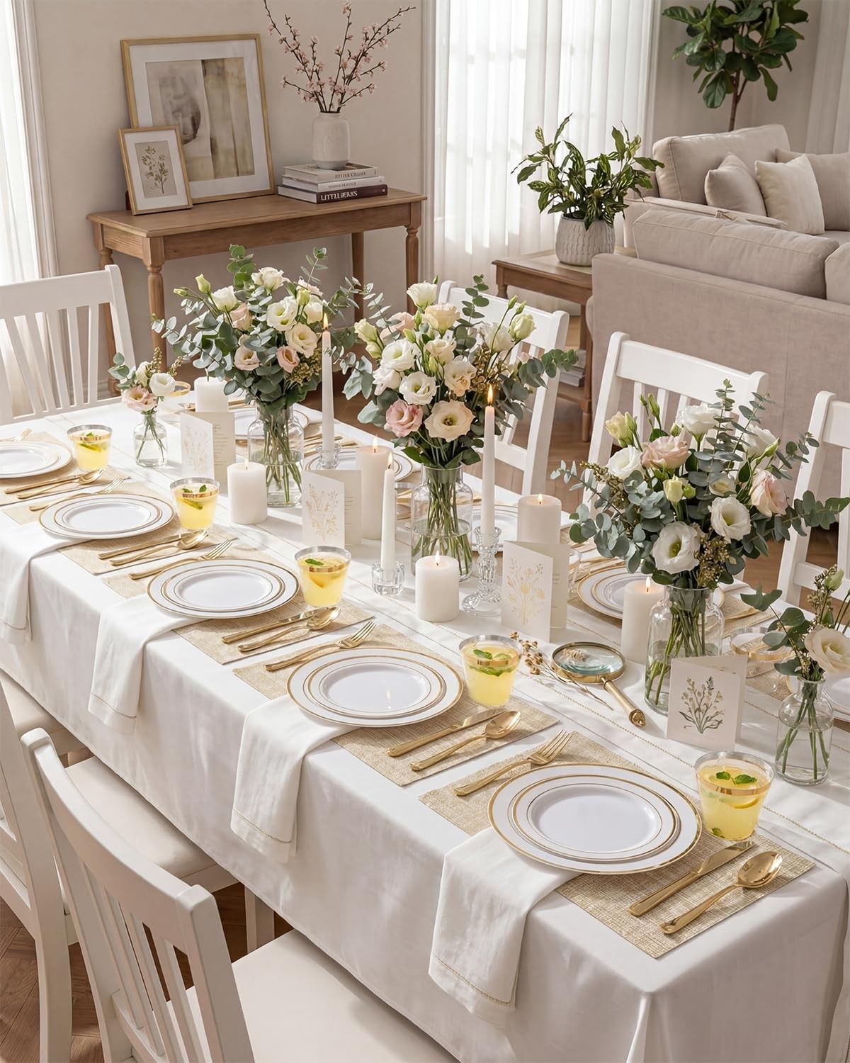 300PCS Gold Disposable Dinnerware Set – White and Gold Plastic