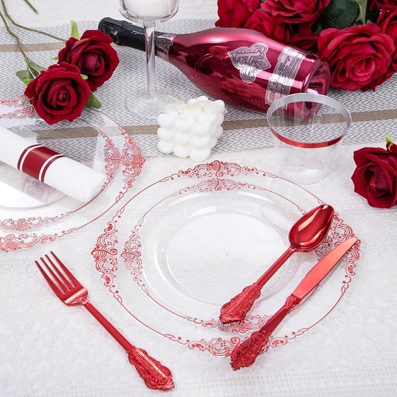 Disposable Plastic Plates Sturdy Red Dinnerware Set Parties Events Gatherings US