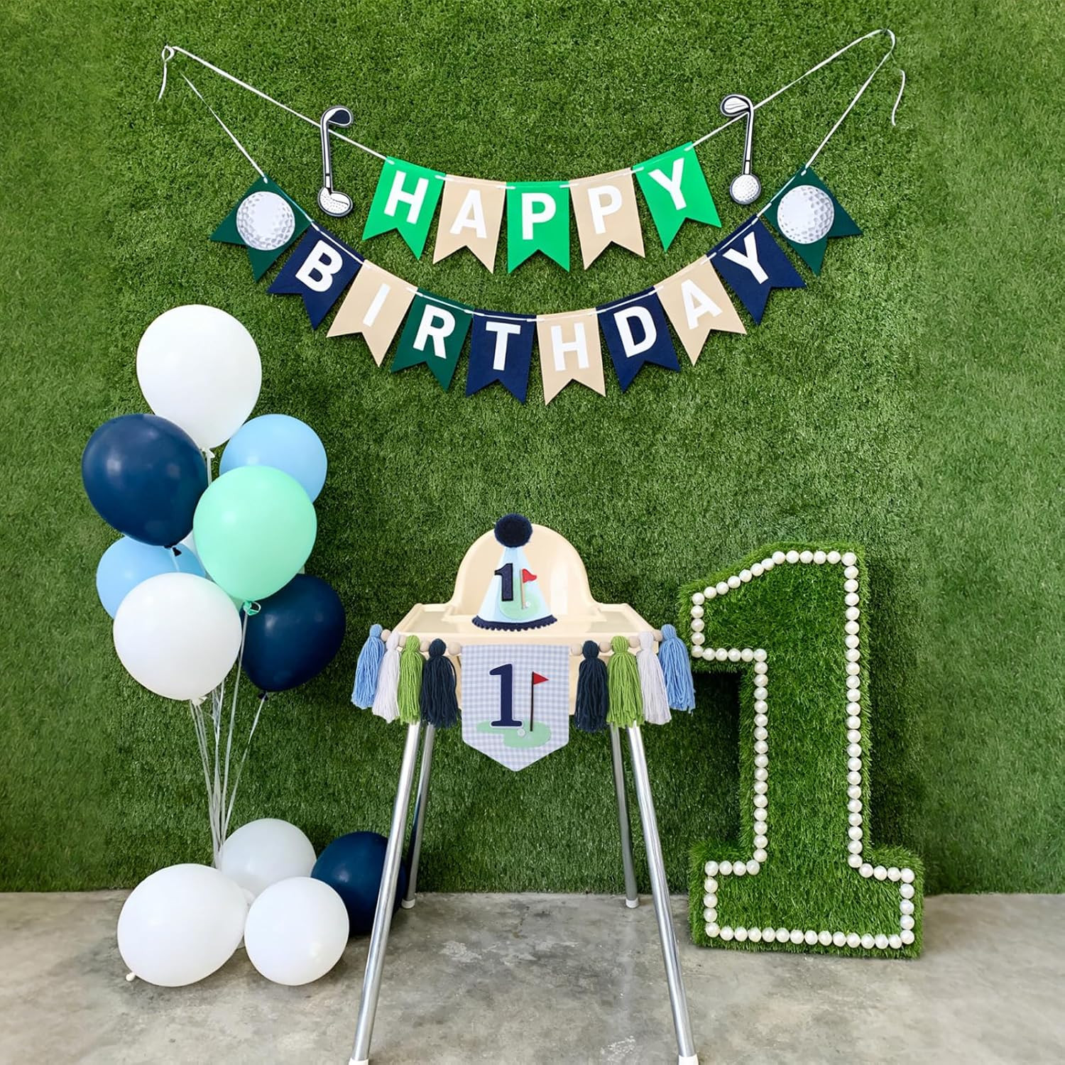 Golf 1St Birthday Highchair Banner – Hole in One Theme Blue Gingham One High Cha