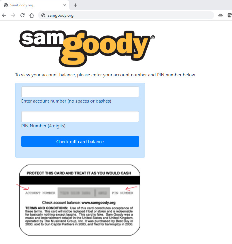 (2) Sam Goody Prank Gag Gift Card – Birthday Christmas Graduation Gag gift FUNNY