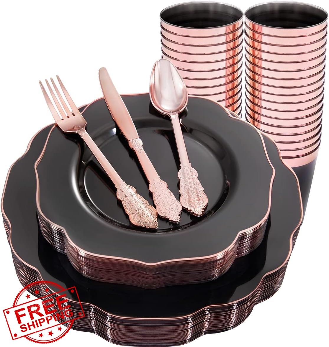 BUCLA Clear Black Rose Gold Plastic Plates and Silverware 30 Guests