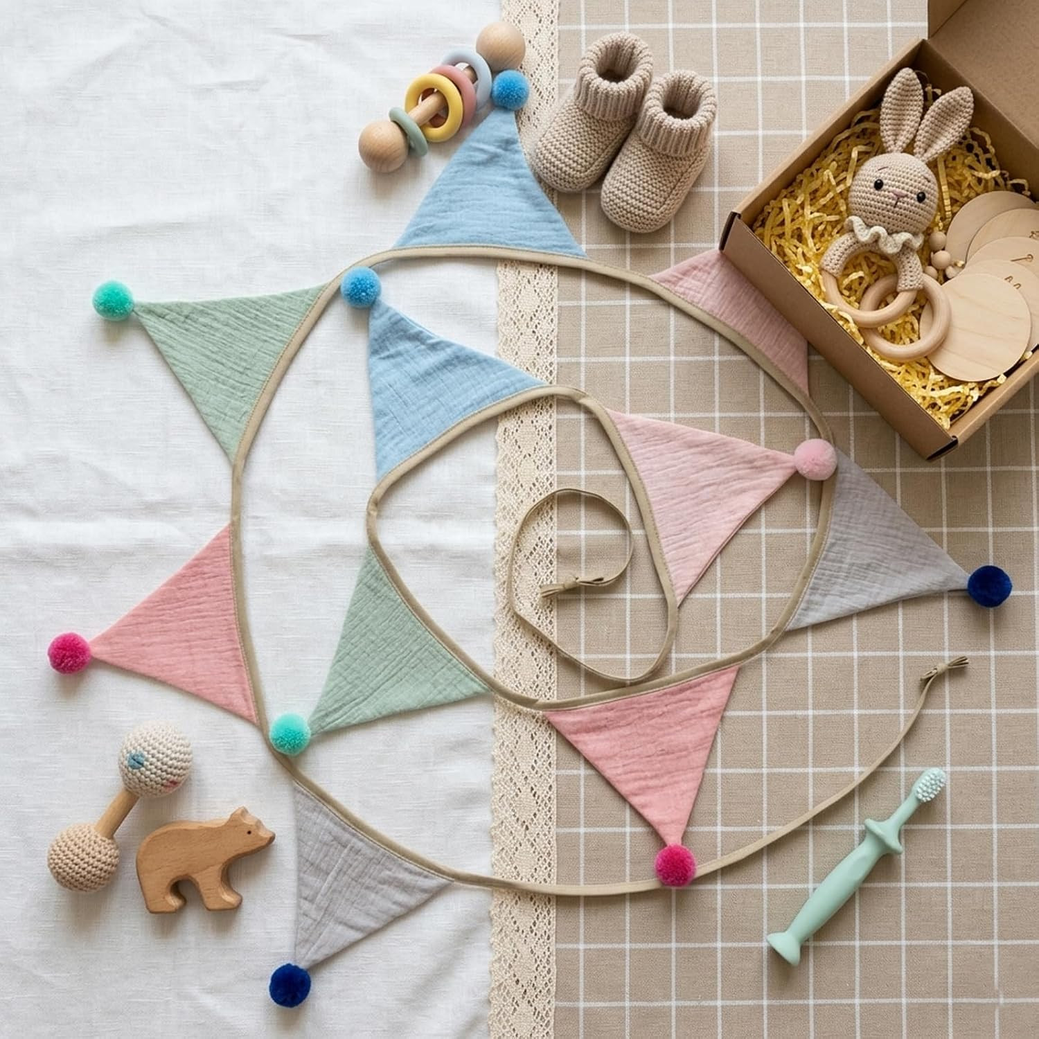 Fabric Bunting Banner, 2 Pack Handmade Neutral String Banner with Felt Ball Each