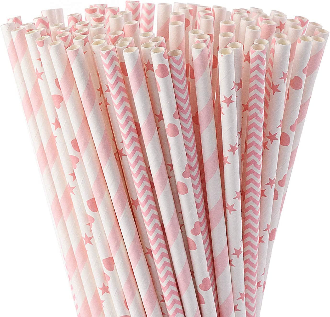Biodegradable Pink Paper Straws, Pack of 100 Party Straws for Juice, Cocktail, S