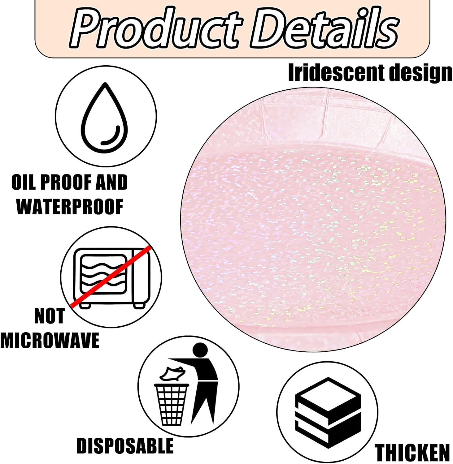 50 Pcs Iridescent Light Pink Paper Plates 25 × 7” and 25 × 9” Disposable Pink