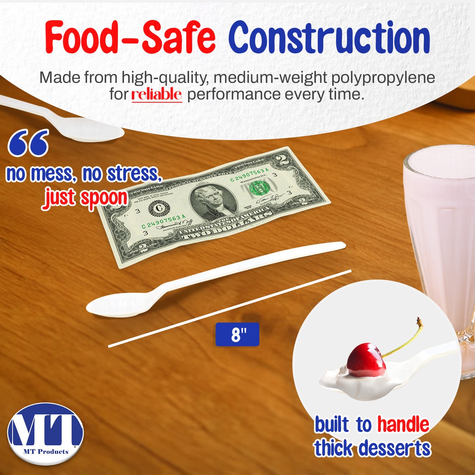 MT Products White Long Handle Plastic Disposable Soda Sundae Spoons – Pack of 50