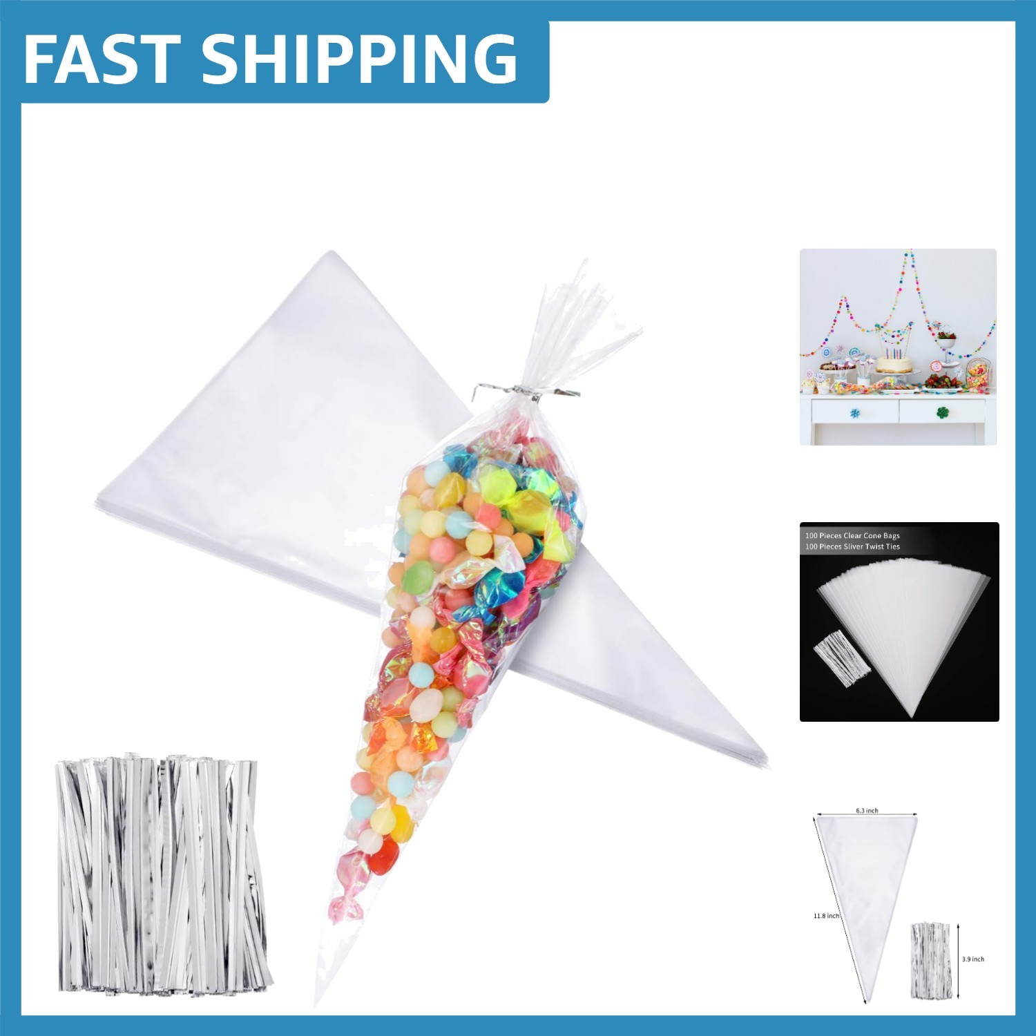 100 Translucent Cone Bags 6.3×11.8 with Twist Ties for Craft and Festivities