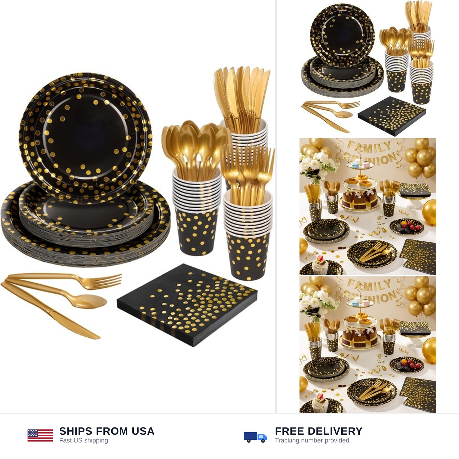 Goodlluck 175PCS Black Gold Foil Polka Dot Disposable Party Tableware Set, 25…
